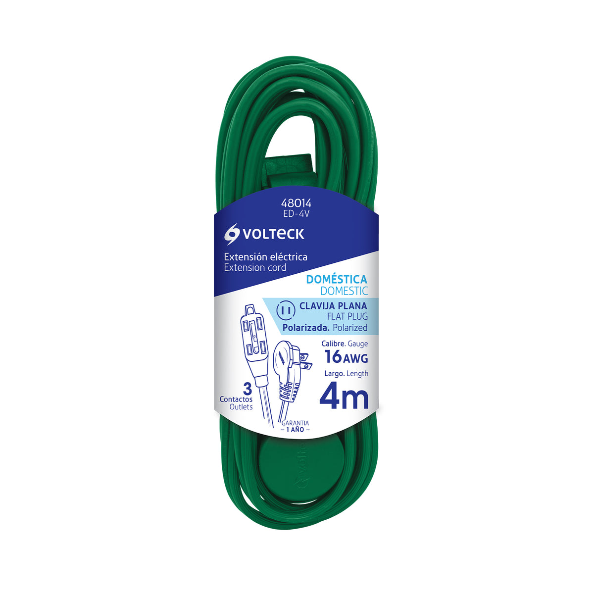 Extensión eléctrica doméstica, 4 m, verde, Volteck