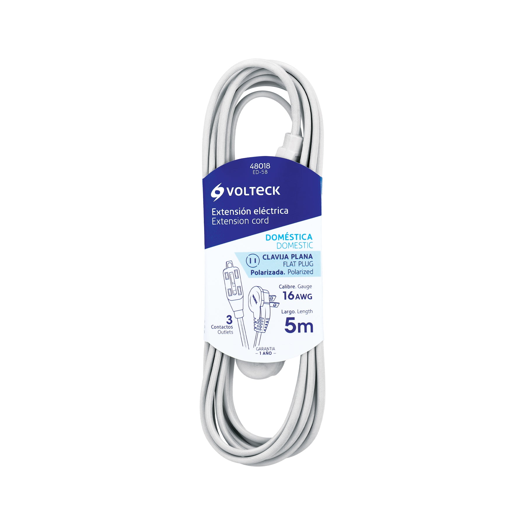 Extensión eléctrica doméstica, 5 m, blanca, Volteck