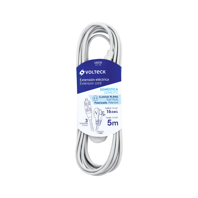 Extensión eléctrica doméstica, 5 m, blanca, Volteck