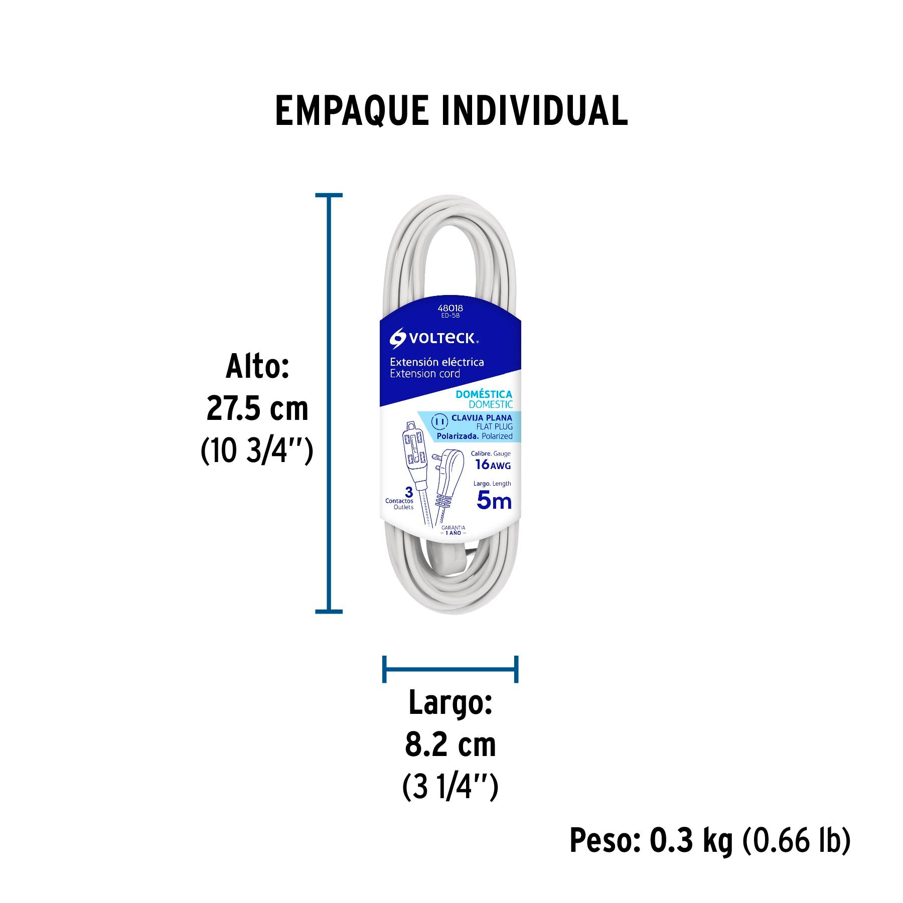 Extensión eléctrica doméstica, 5 m, blanca, Volteck