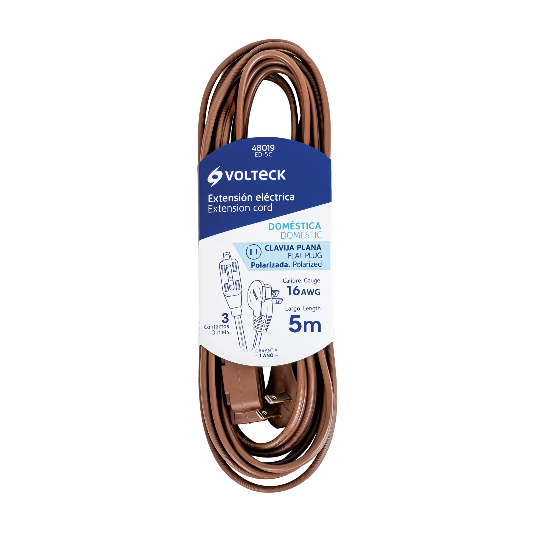 Extensión eléctrica doméstica, 5 m, café, Volteck