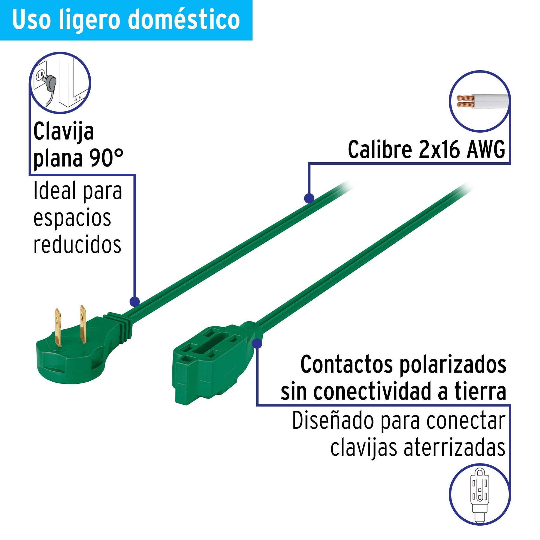 Extensión eléctrica doméstica, 5 m, verde, Volteck