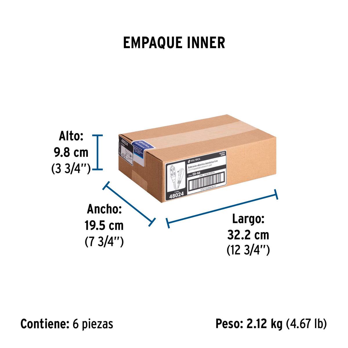 Extensión eléctrica doméstica, 6 m, blanca, Volteck