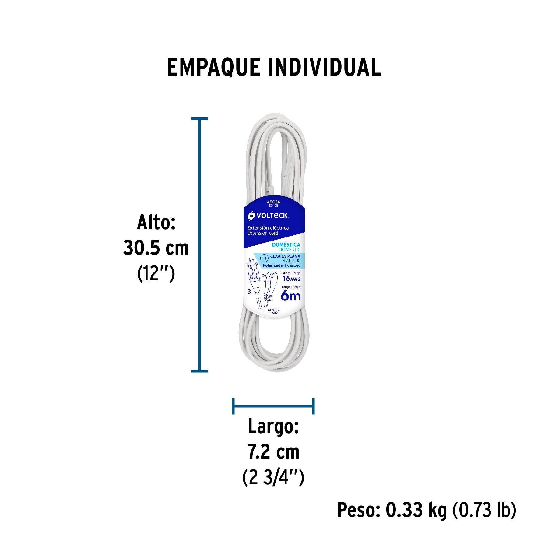 Extensión eléctrica doméstica, 6 m, blanca, Volteck