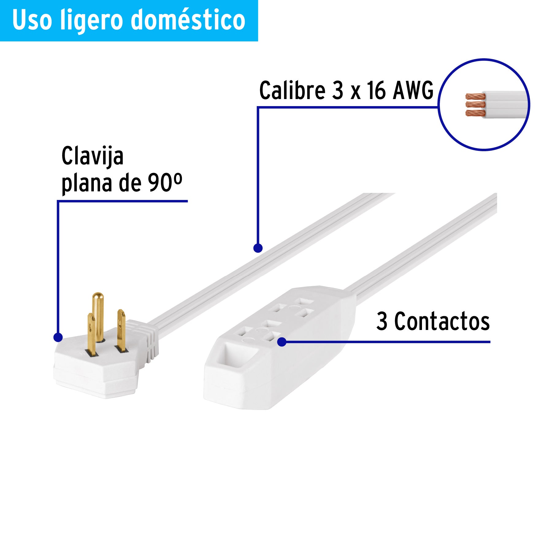 Extensión doméstica aterrizada 6 m blanca con clavija plana