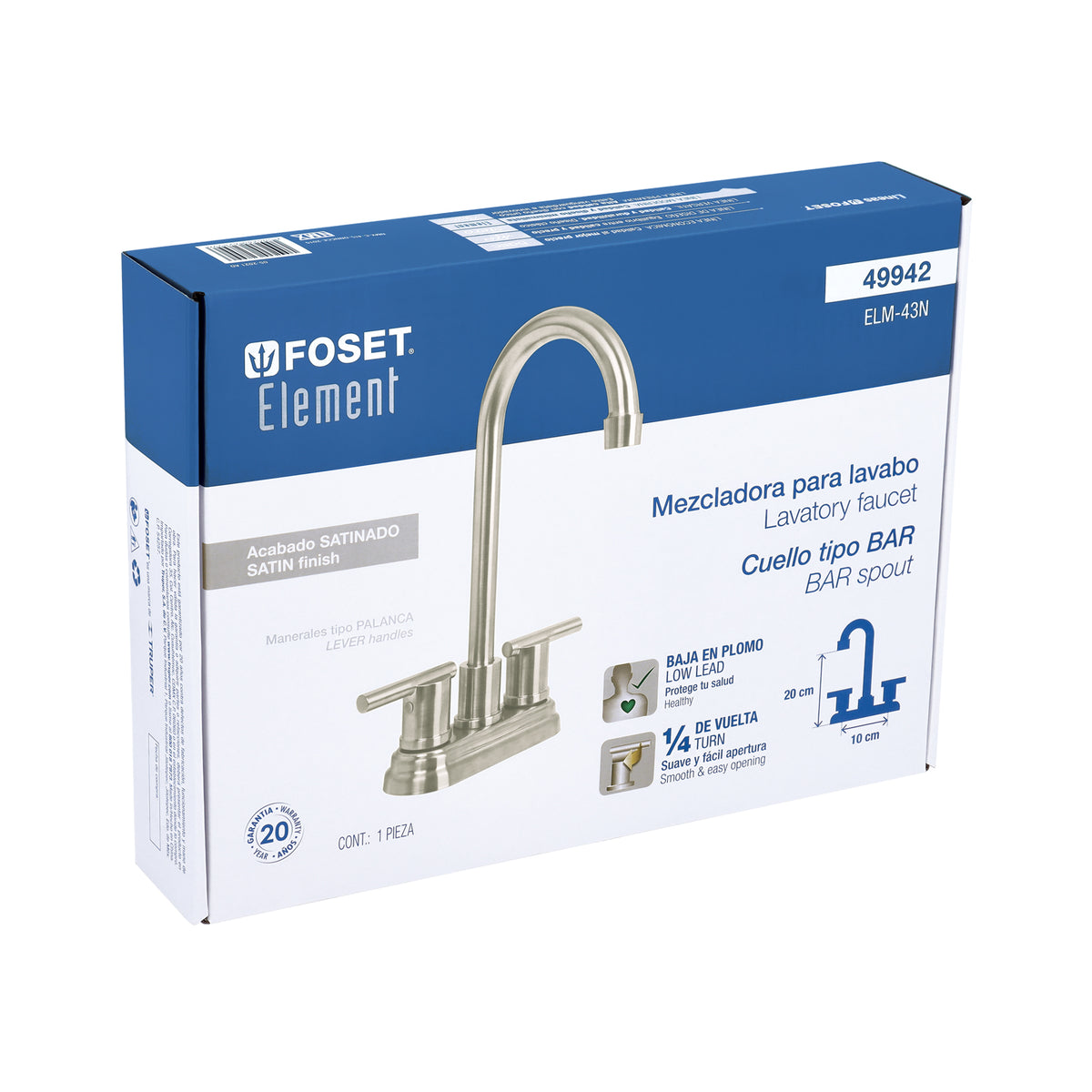 Mezcladora para lavabo de 4", tipo bar, satín, Element