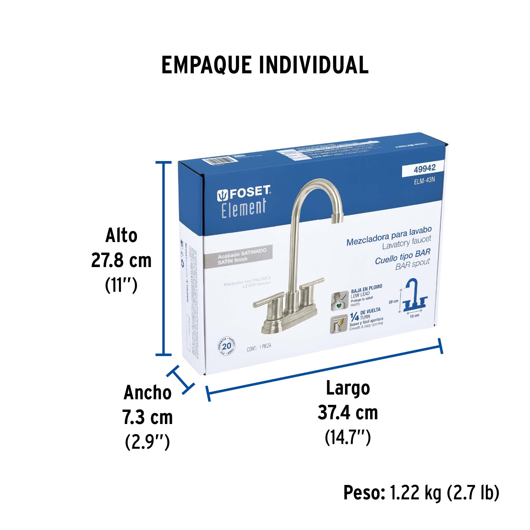 Mezcladora para lavabo de 4", tipo bar, satín, Element