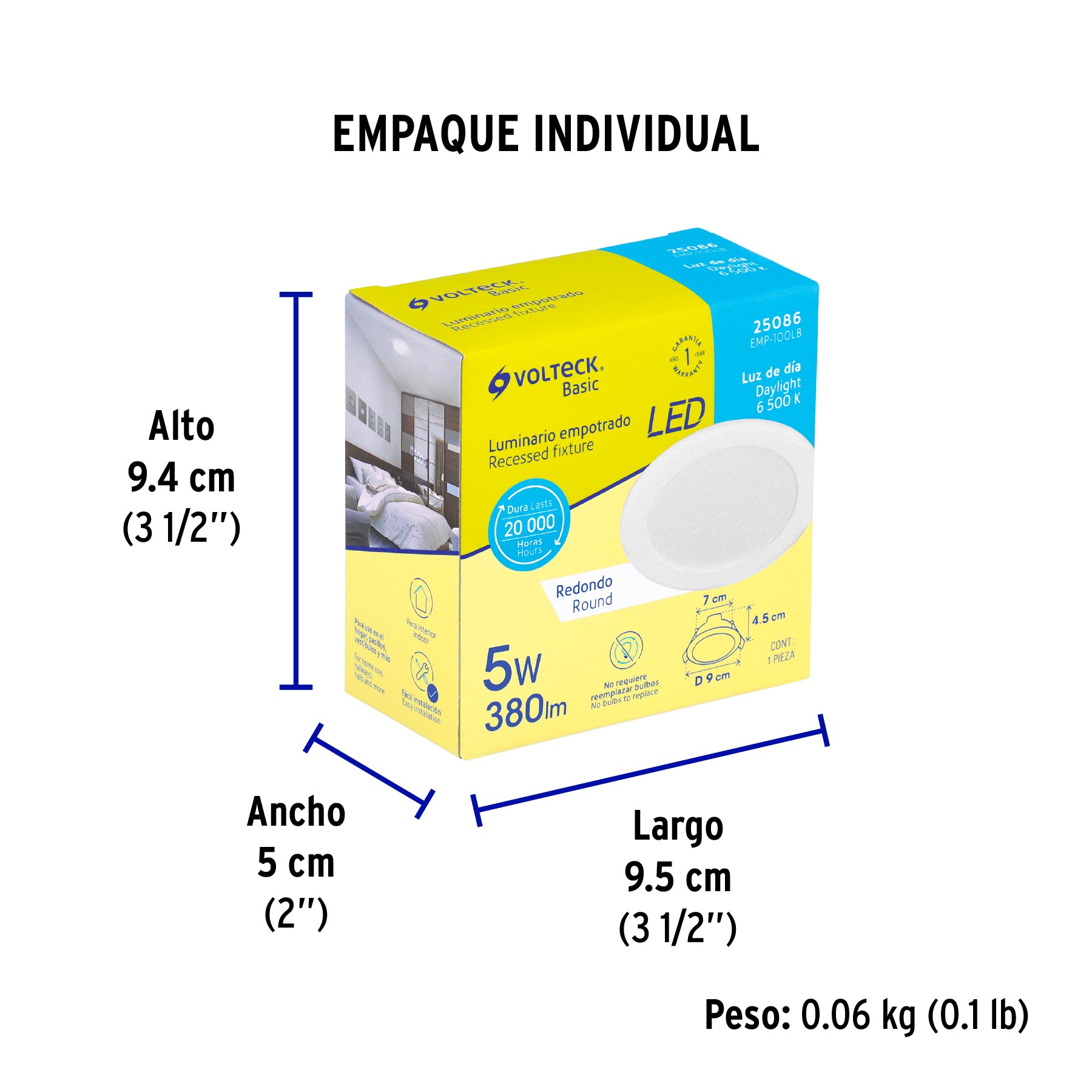 Luminario LED empotrado redondo, 5W, 6500K, Basic