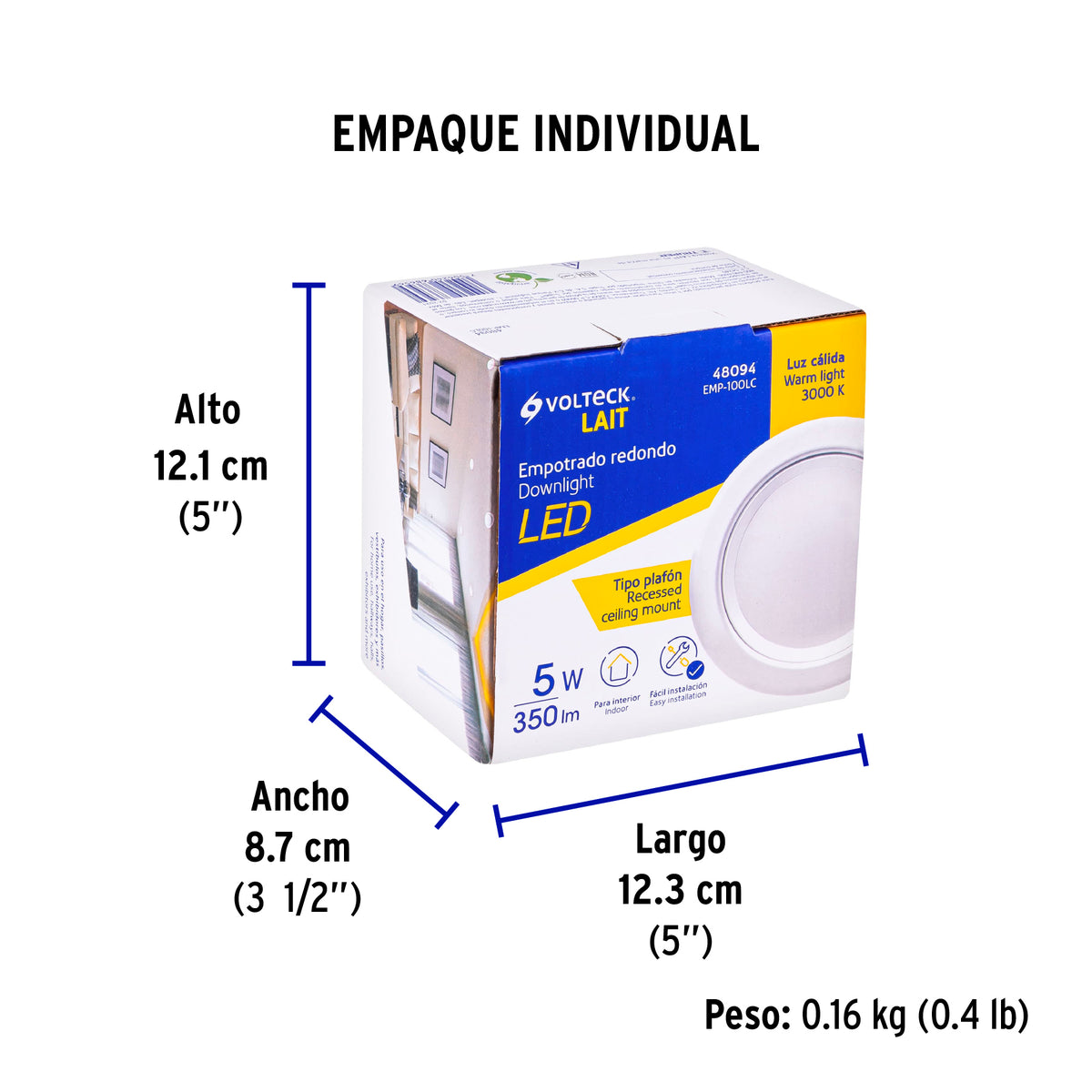Luminario LED empotrado redondo 5 W, luz cálida