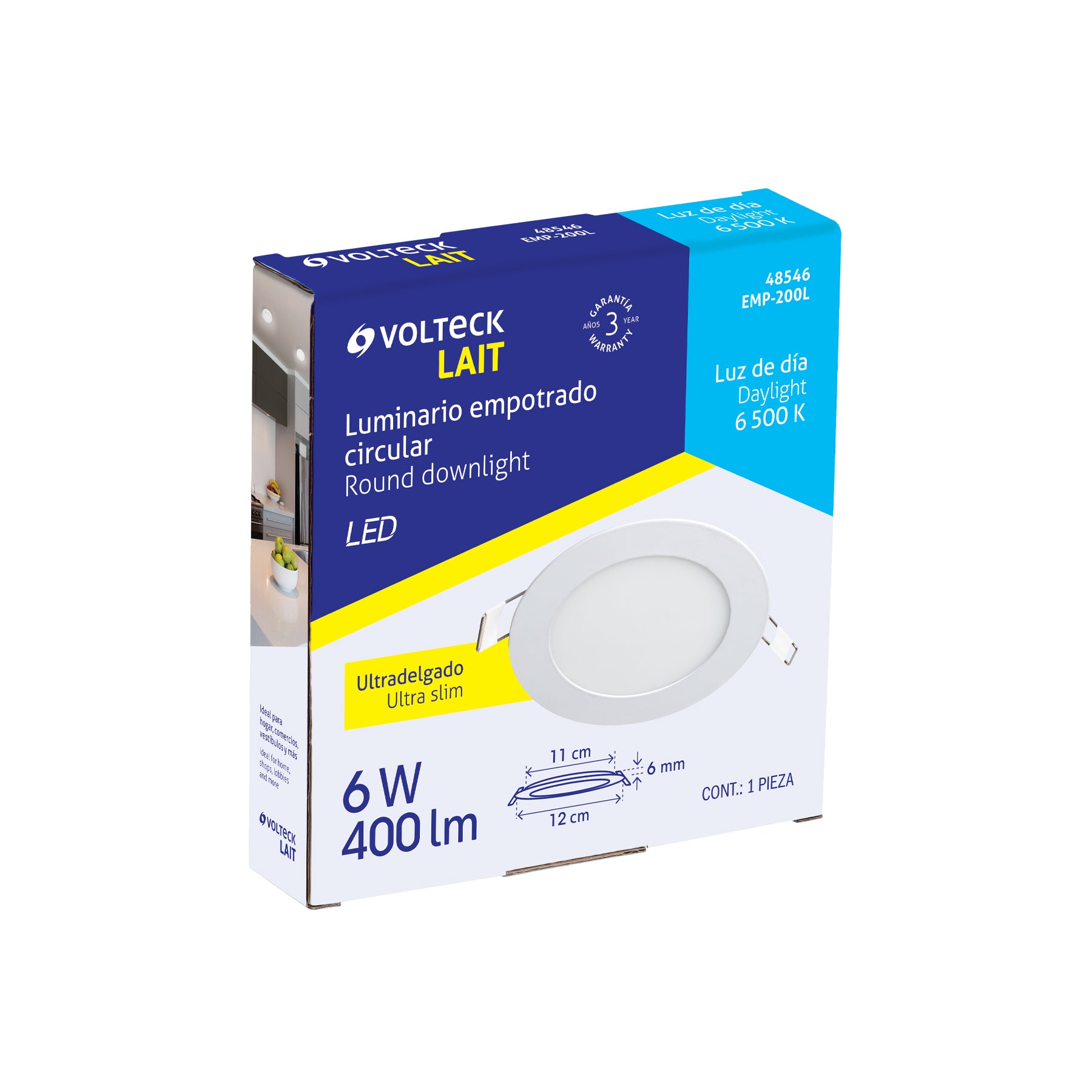 Luminario led slim de empotrar redondo, 6500K, 6W