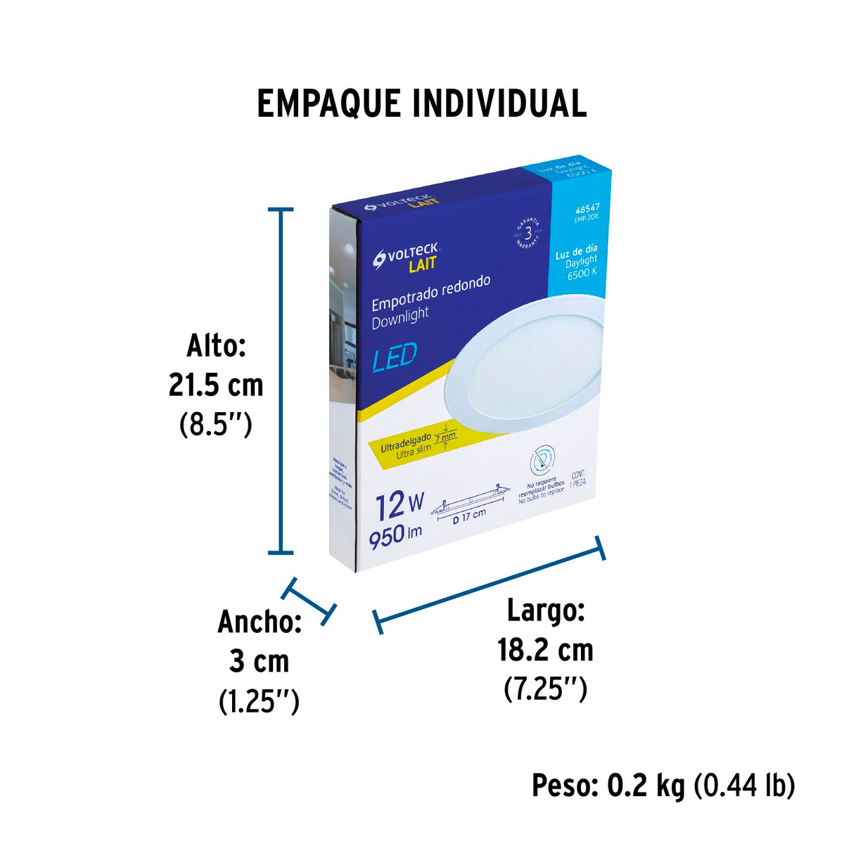 Luminario led slim de empotrar redondo, 6500K, 12W