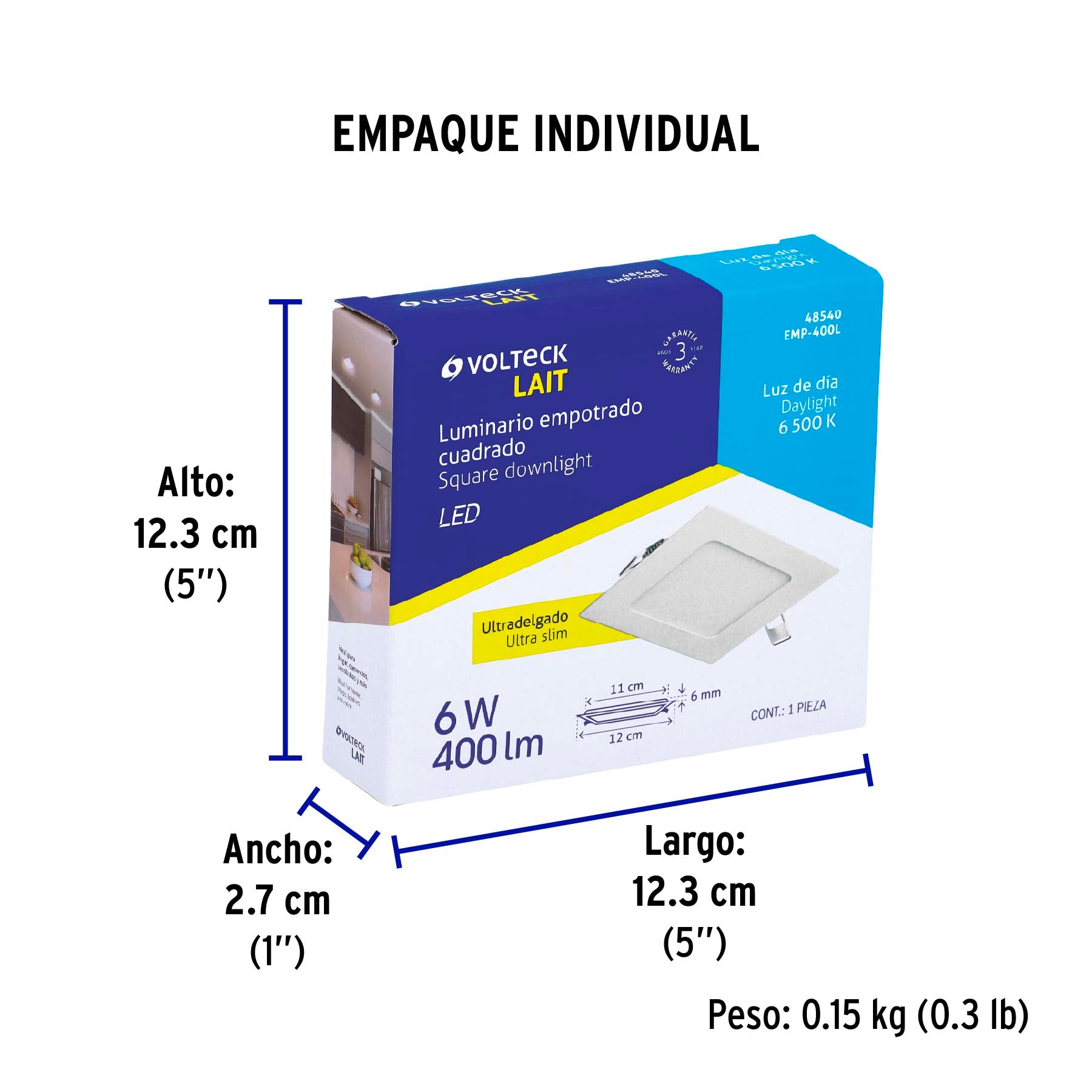 Luminario led slim de empotrar cuadrado, 6500K, 6W