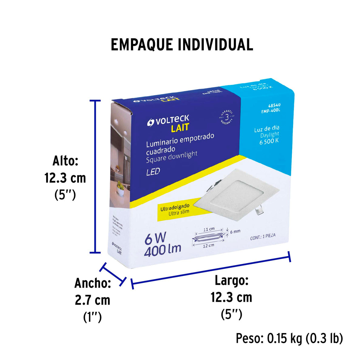 Luminario led slim de empotrar cuadrado, 6500K, 6W