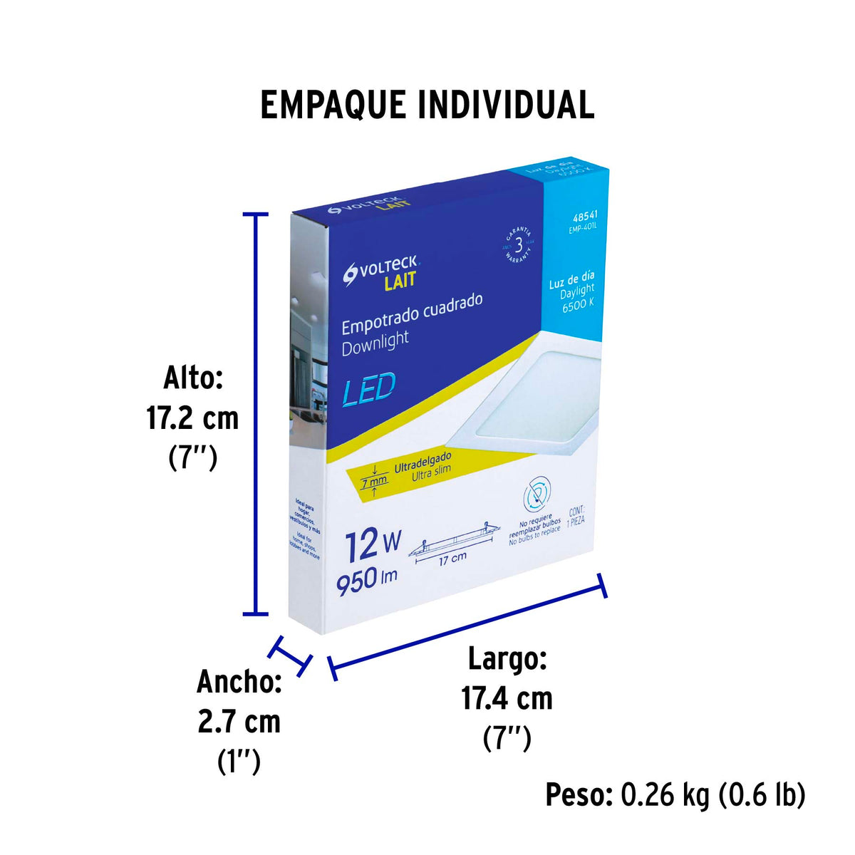 Luminario led slim de empotrar cuadrado, 6500K, 12W