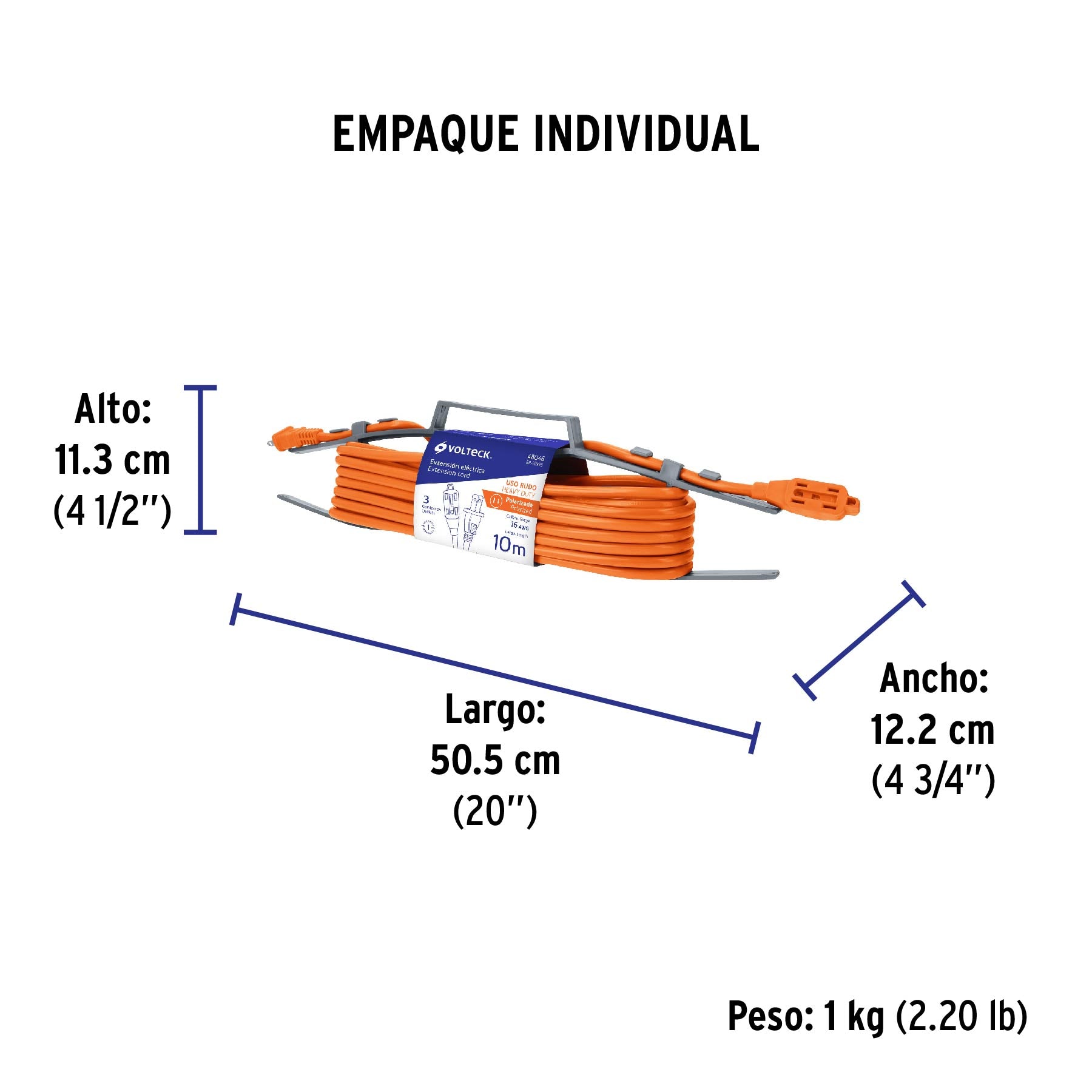Extensión eléctrica uso rudo, 10 m, calibre 16, Volteck