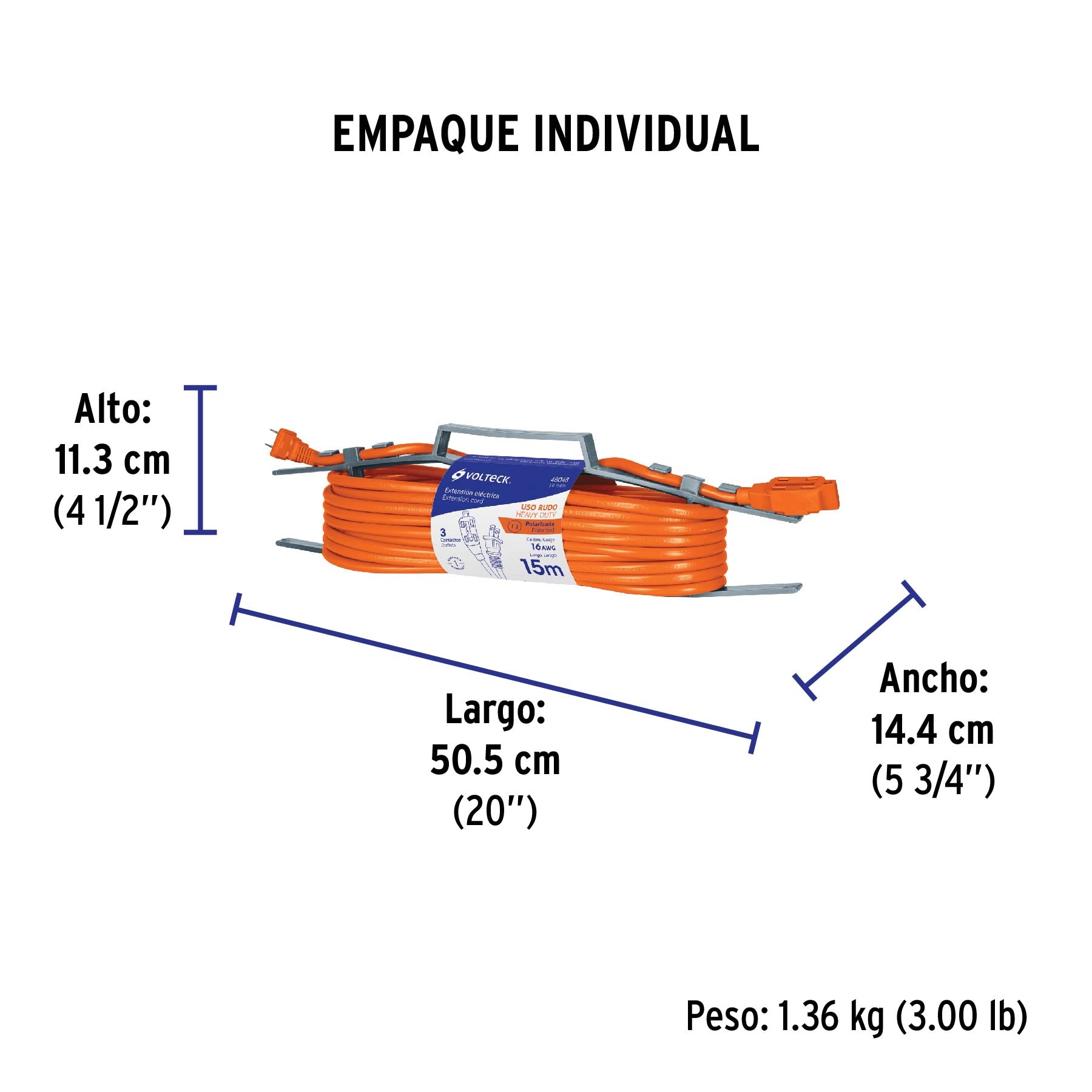 Extensión eléctrica uso rudo, 15 m, calibre 16, Volteck