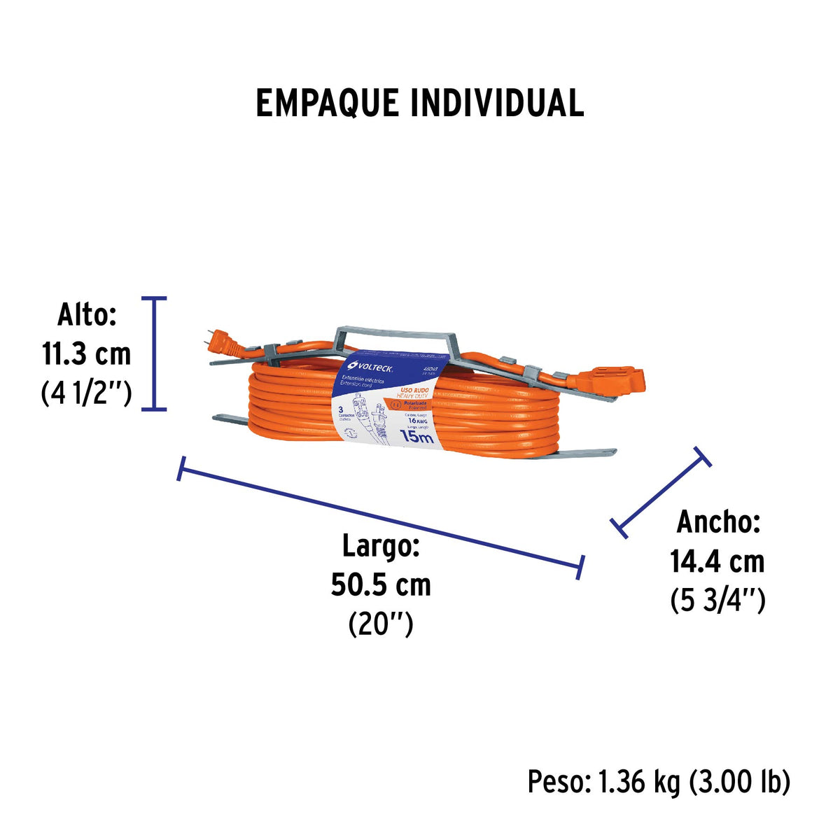 Extensión eléctrica uso rudo, 15 m, calibre 16, Volteck