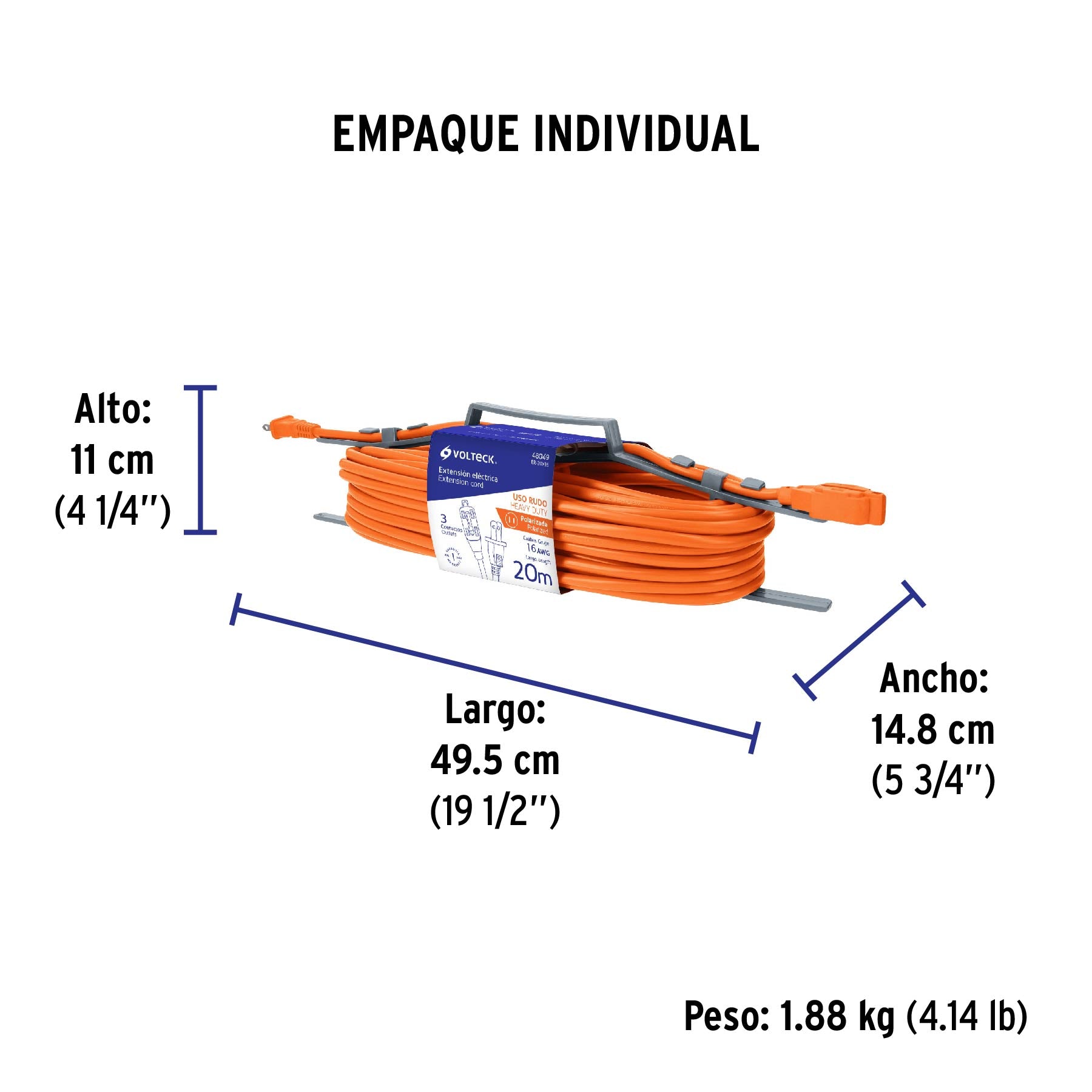Extensión eléctrica uso rudo, 20 m, calibre 16, Volteck