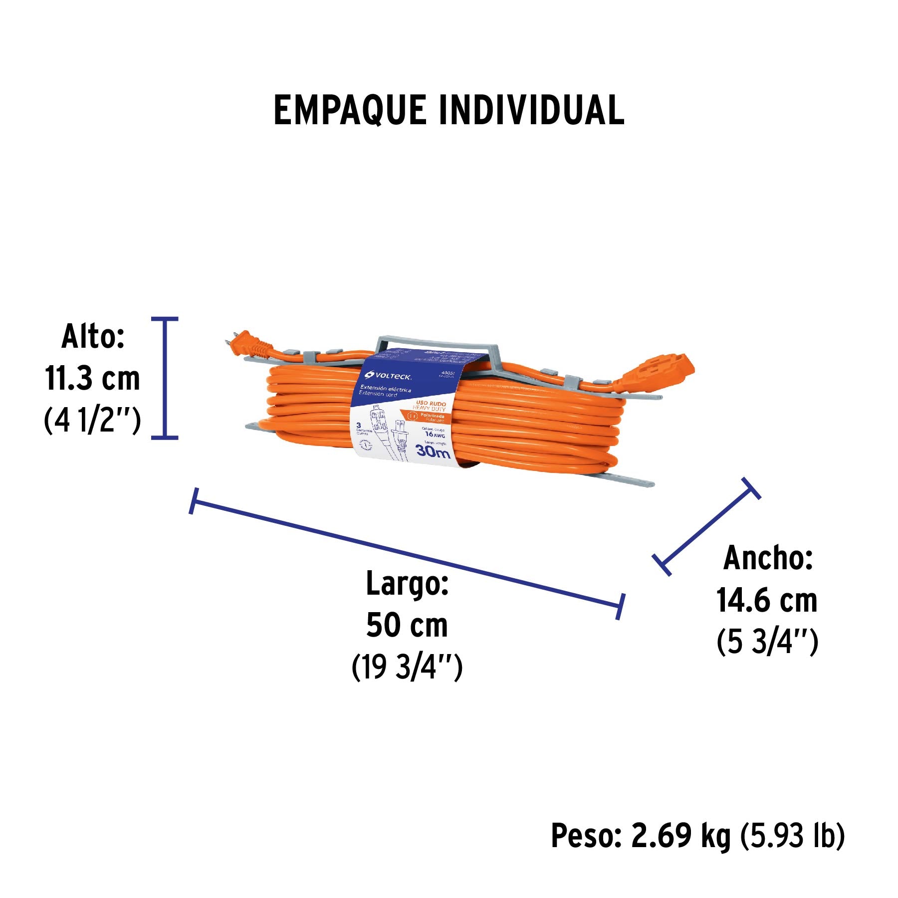 Extensión eléctrica uso rudo, 30 m, calibre 16, Volteck