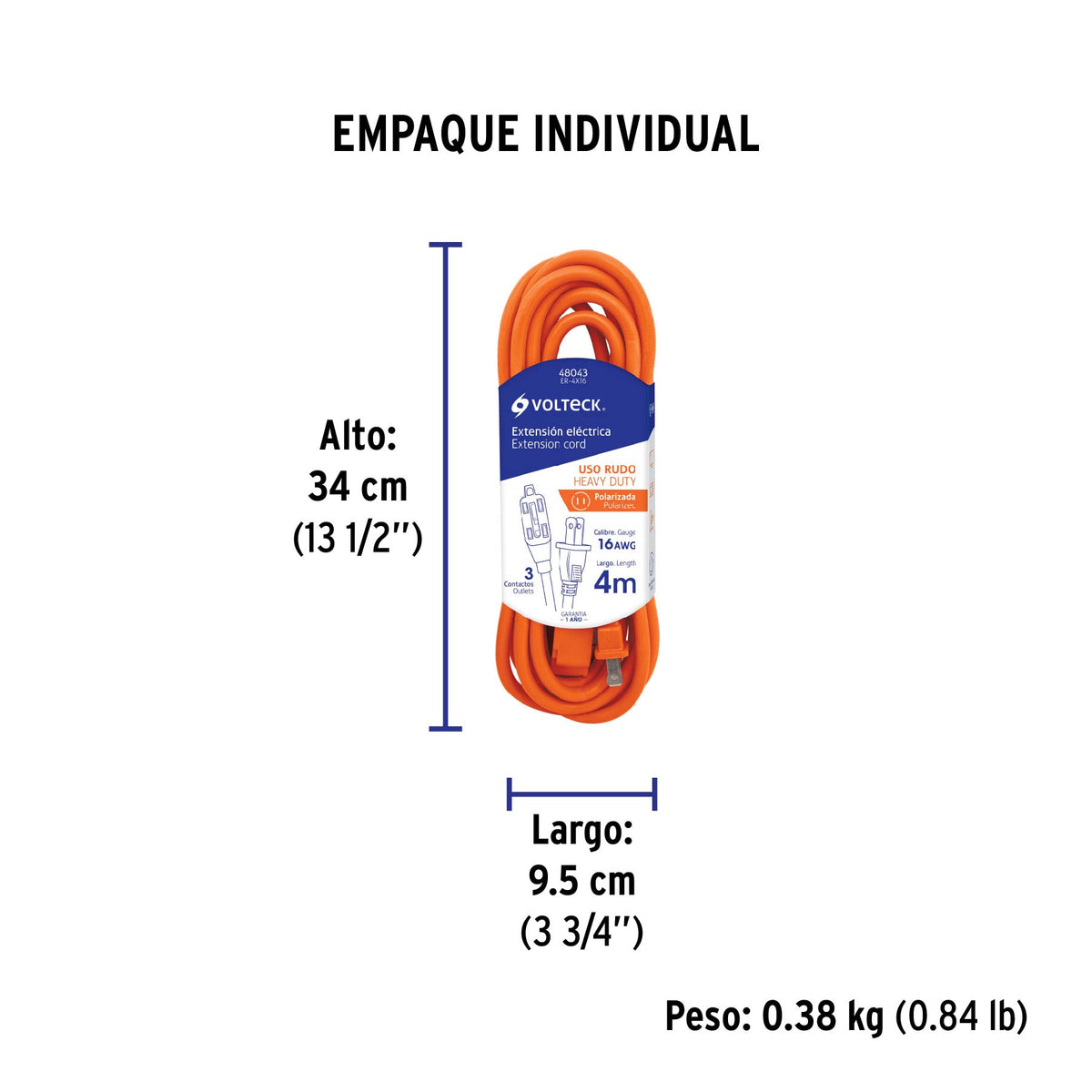 Extensión eléctrica uso rudo, 4 m, calibre 16, Volteck