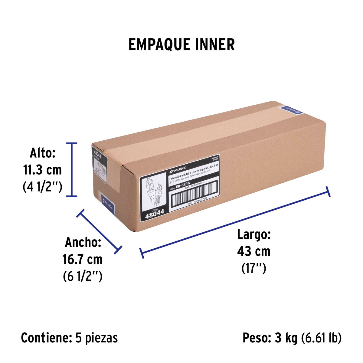 Extensión eléctrica uso rudo, 6 m, calibre 16, Volteck