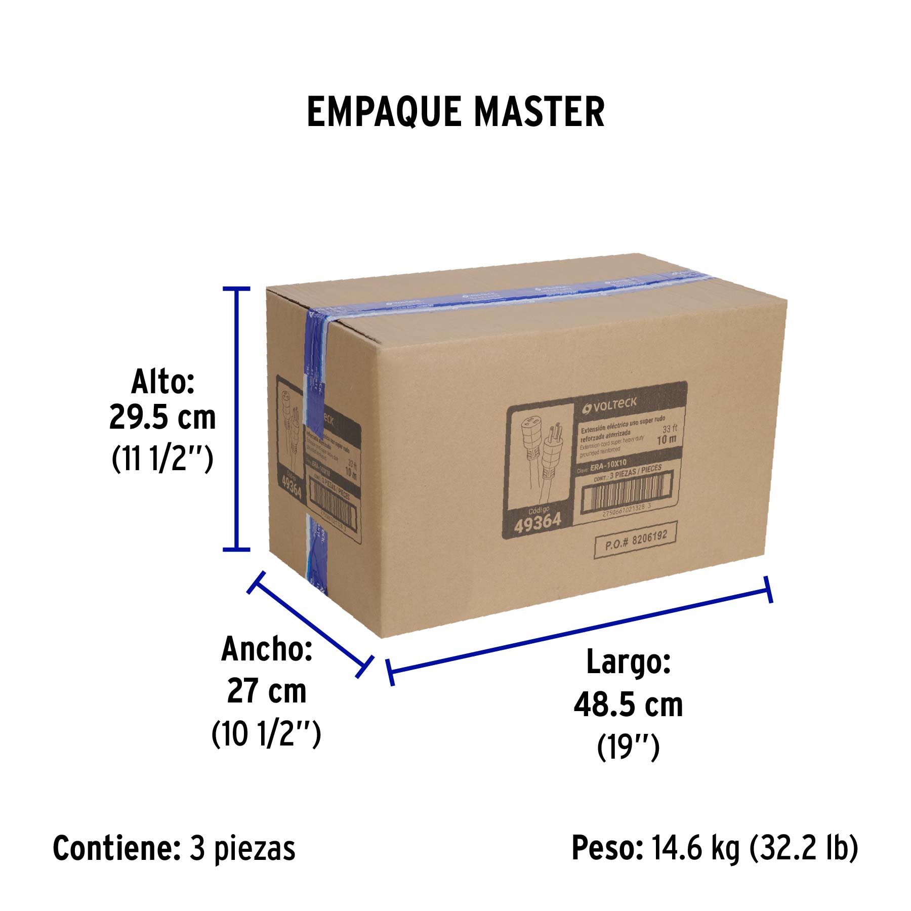 Extensión reforzada aterrizada 100% cobre, 10 m, calibre 10