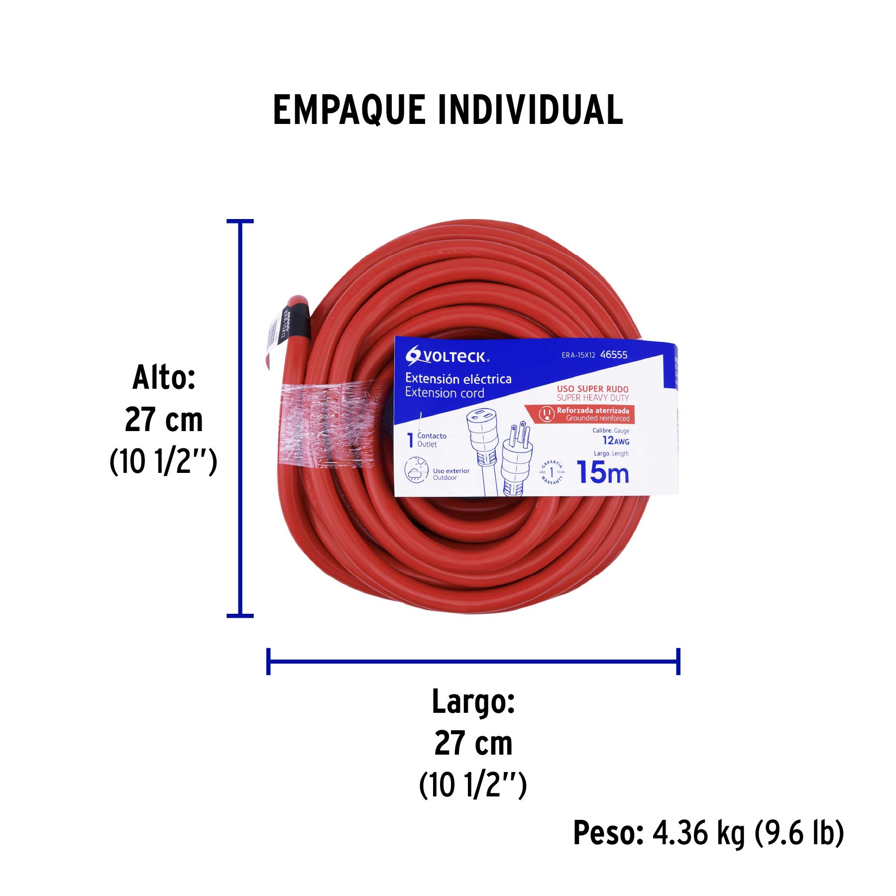 Extensión reforzada aterrizada 15 m 3x12 AWG, Volteck