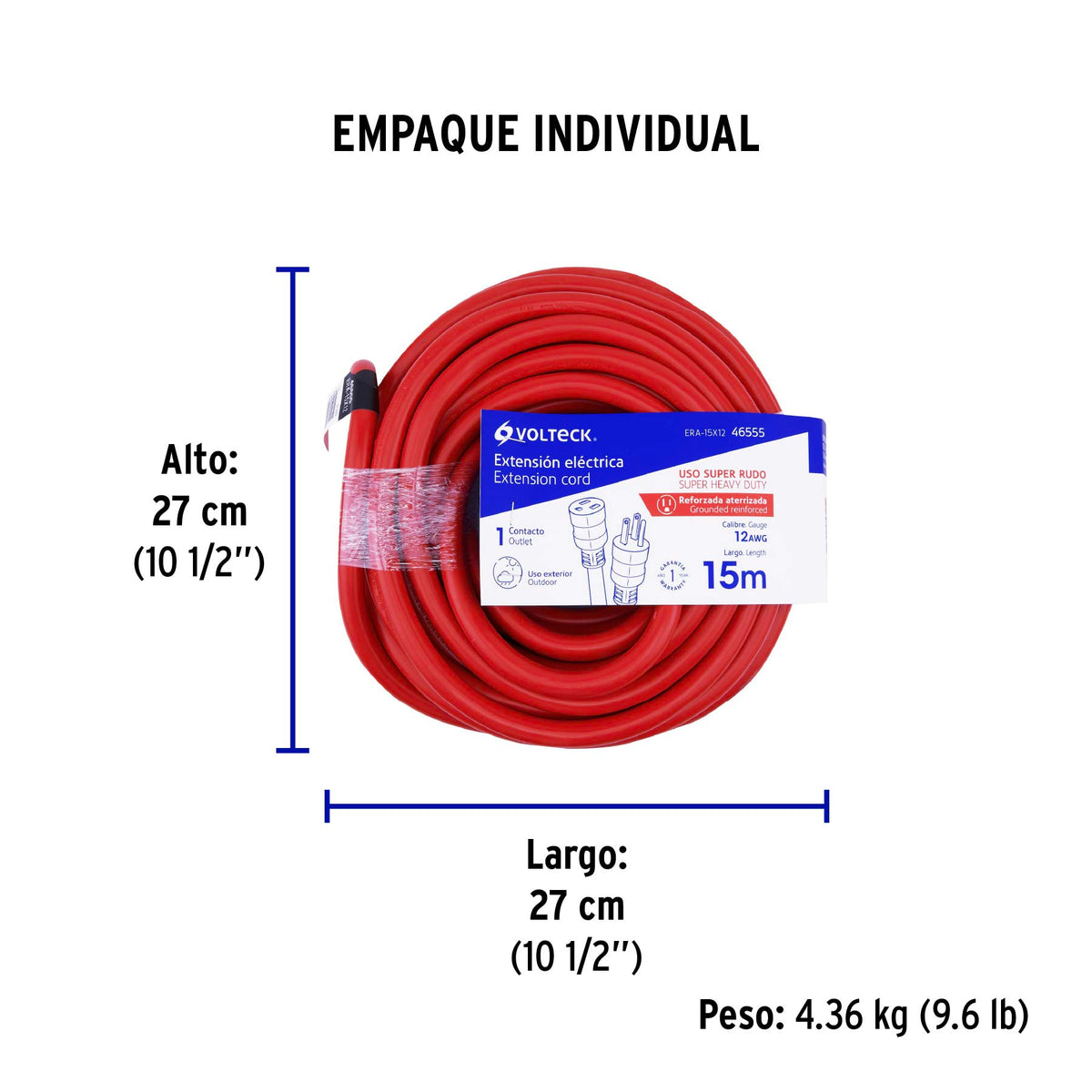 Extensión reforzada aterrizada 15 m 3x12 AWG, Volteck