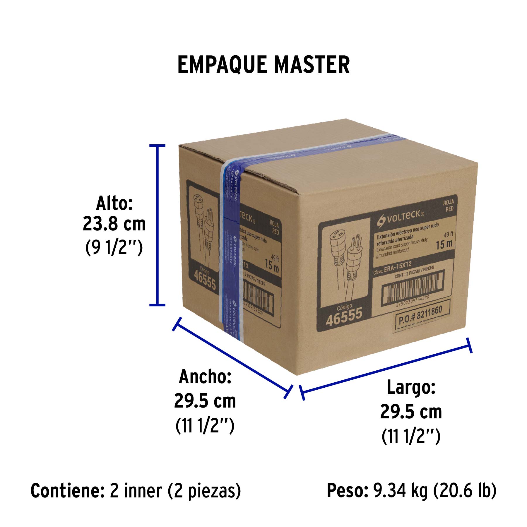Extensión reforzada aterrizada 15 m 3x12 AWG, Volteck