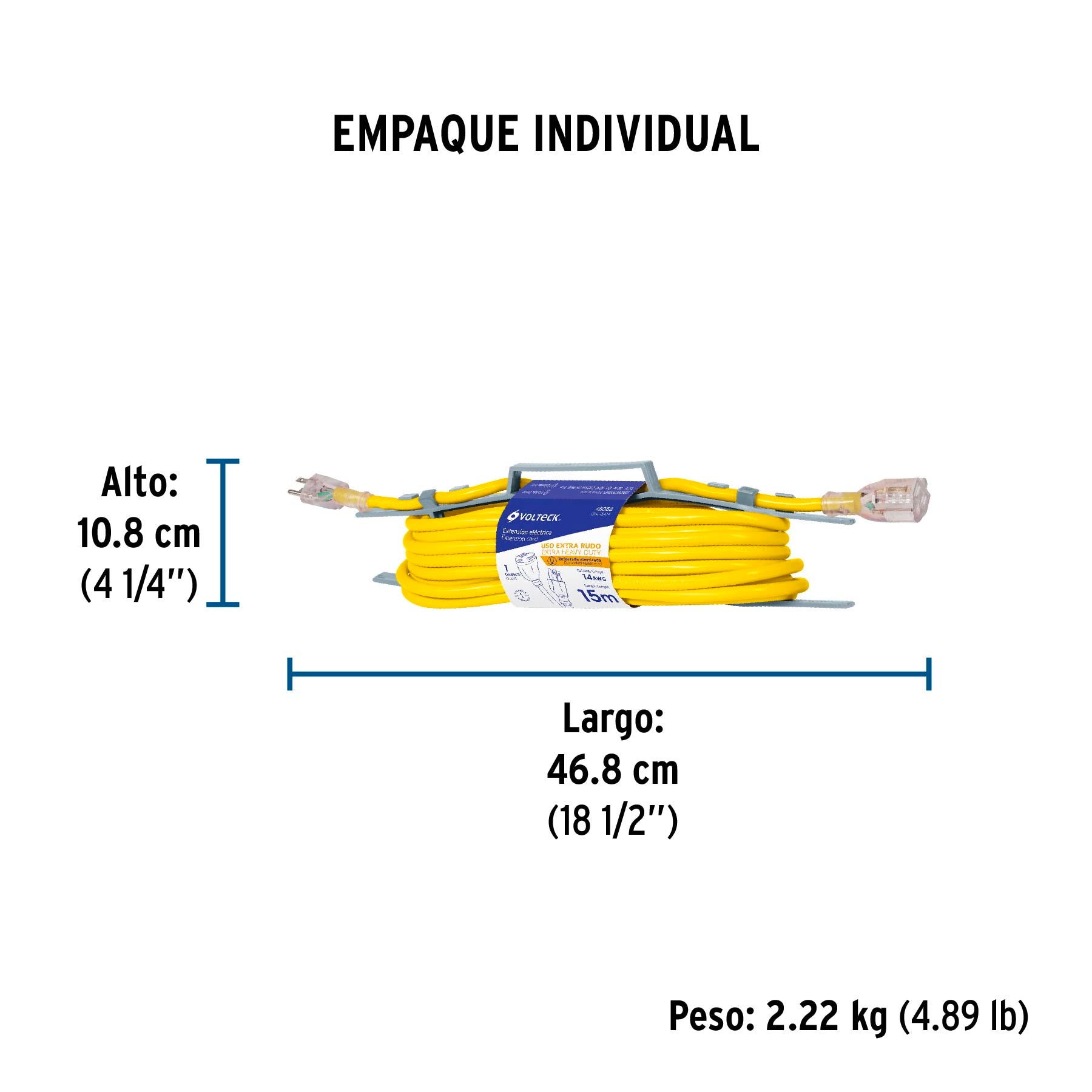 Extensión reforzada, aterrizada, 15 m, calibre 14, Volteck