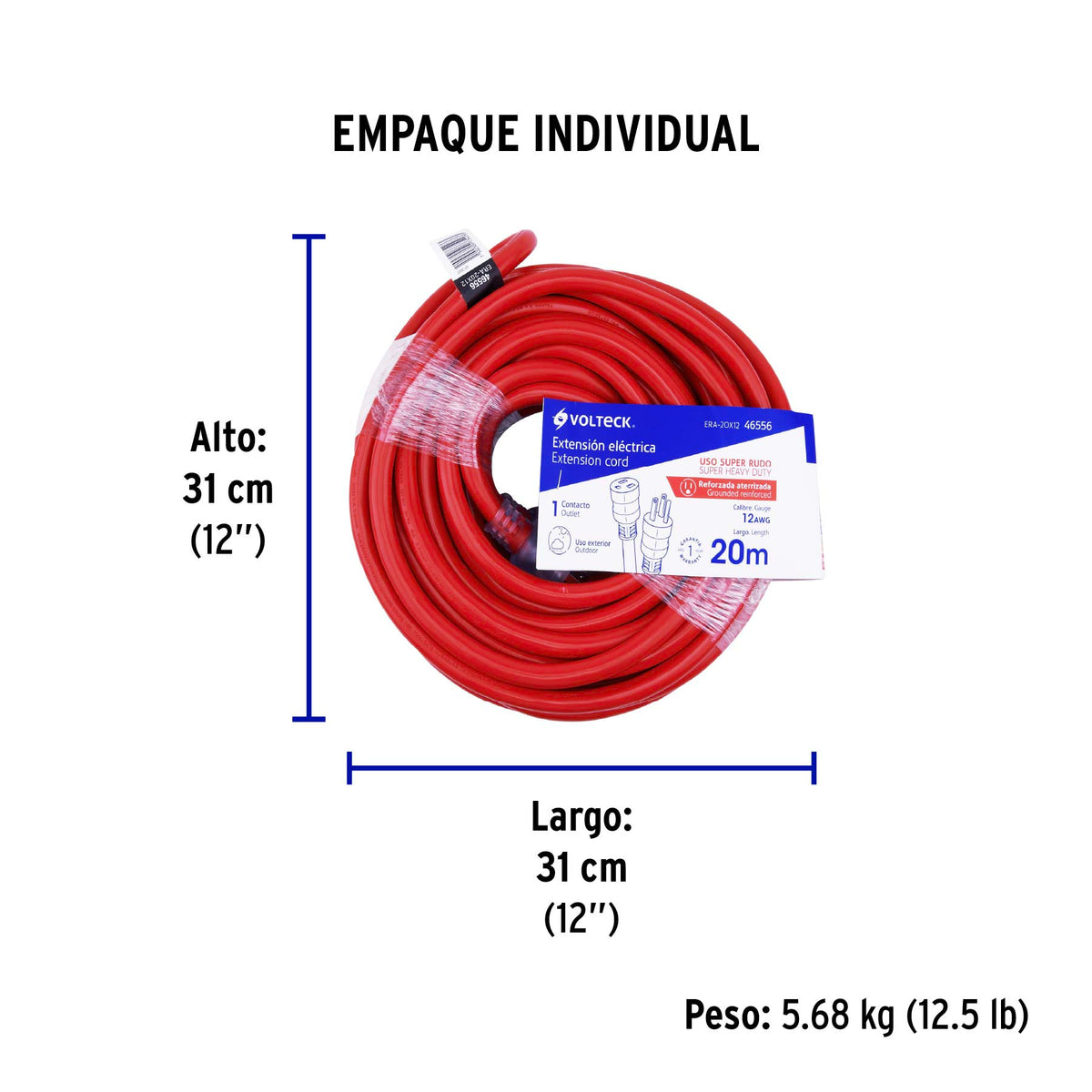 Extensión reforzada aterrizada 20 m 3x12 AWG, Volteck
