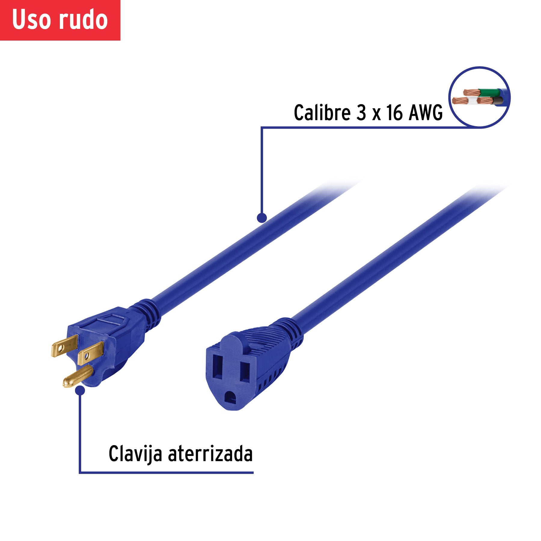 Extensión de uso rudo aterrizada 20 m calibre 16, Volteck