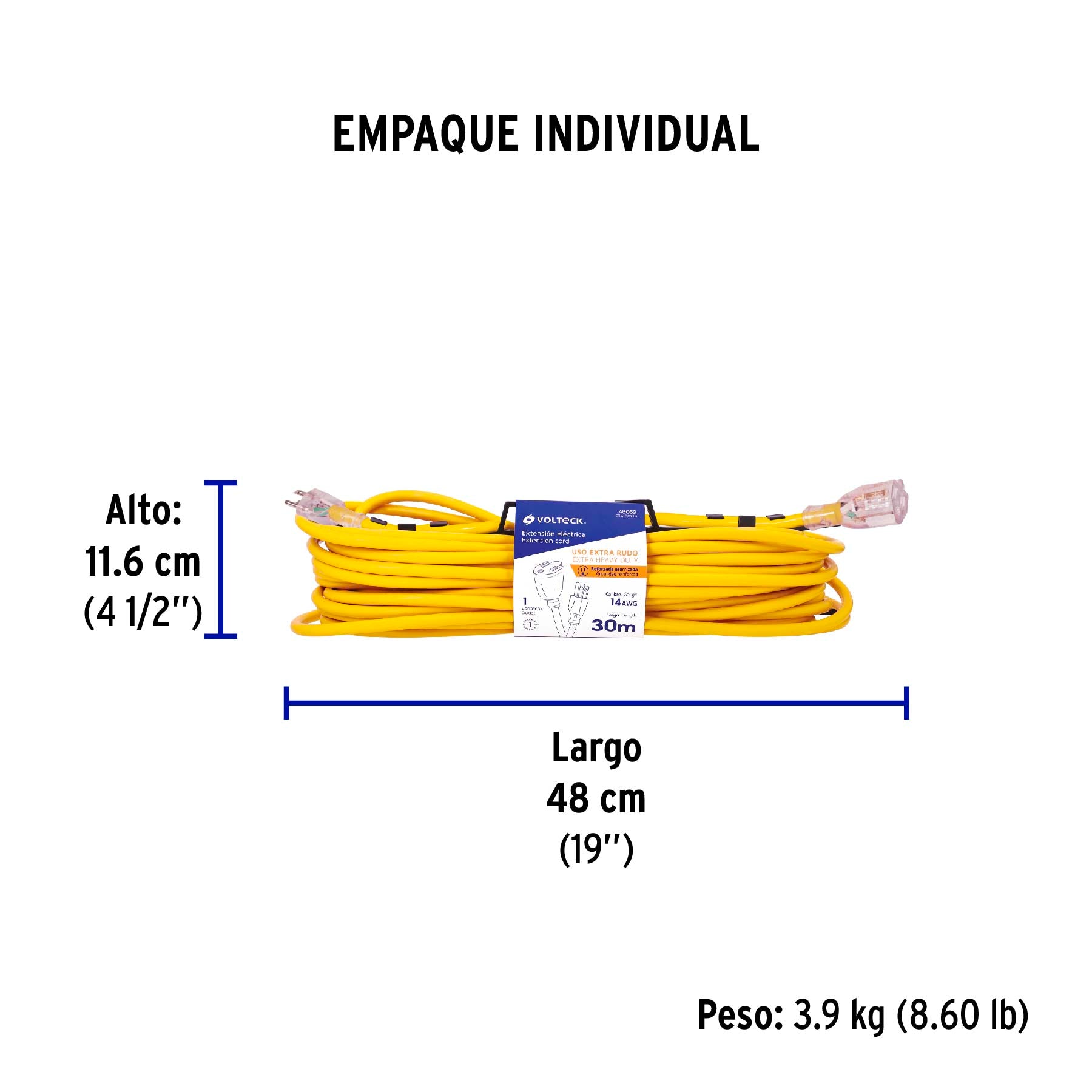 Extensión reforzada, aterrizada, 30 m, calibre 14, Volteck