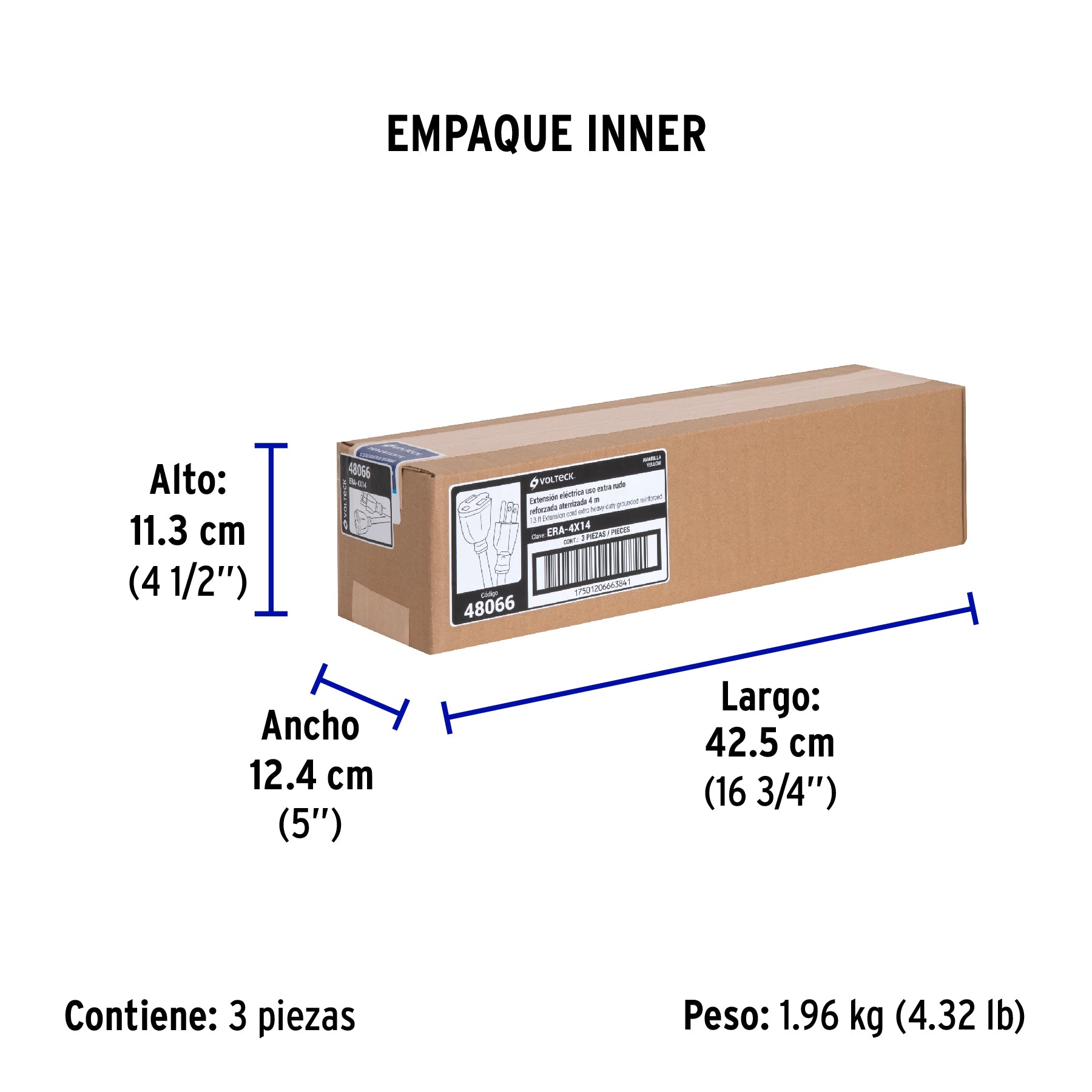 Extensión reforzada, aterrizada, 4 m, calibre 14, Volteck