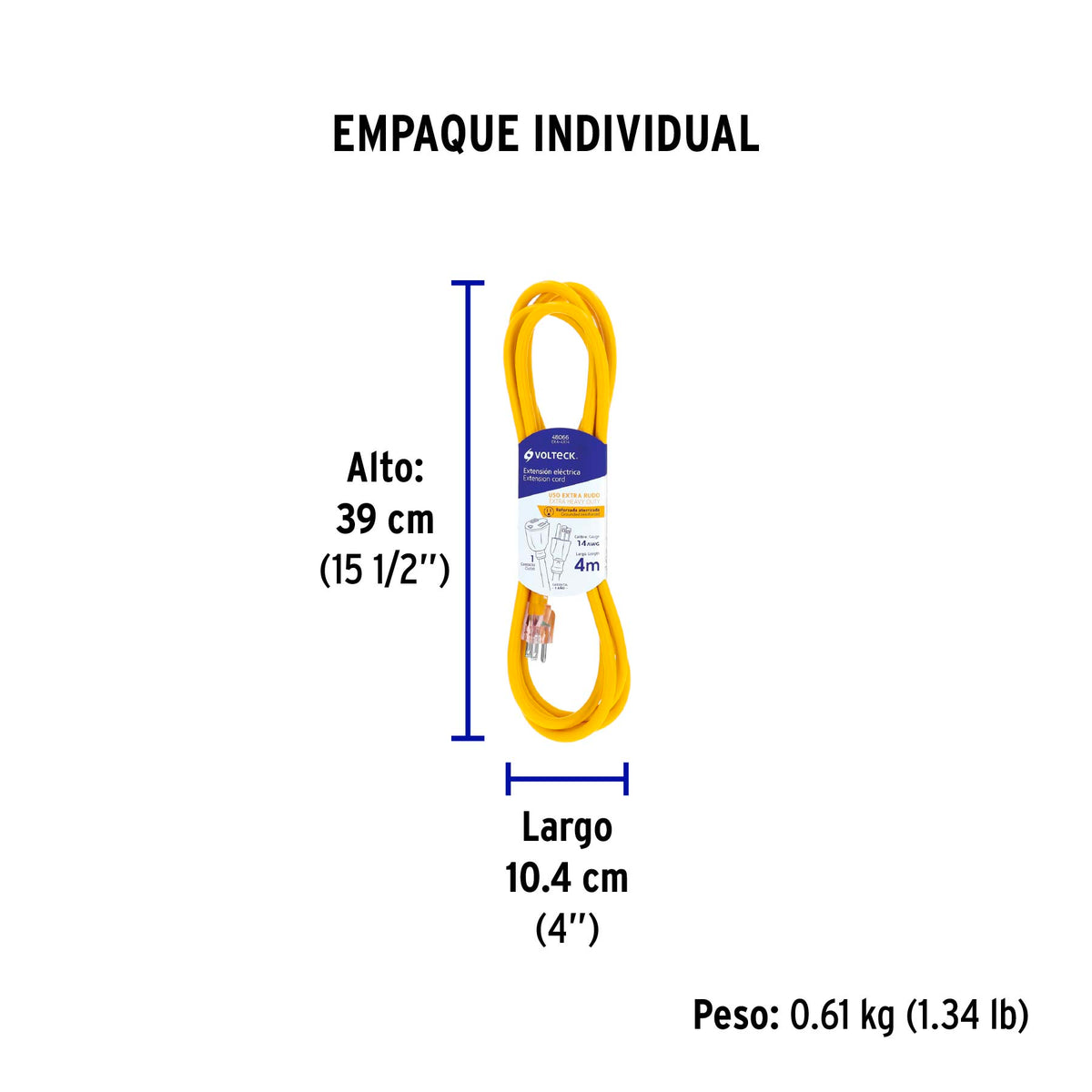 Extensión reforzada, aterrizada, 4 m, calibre 14, Volteck