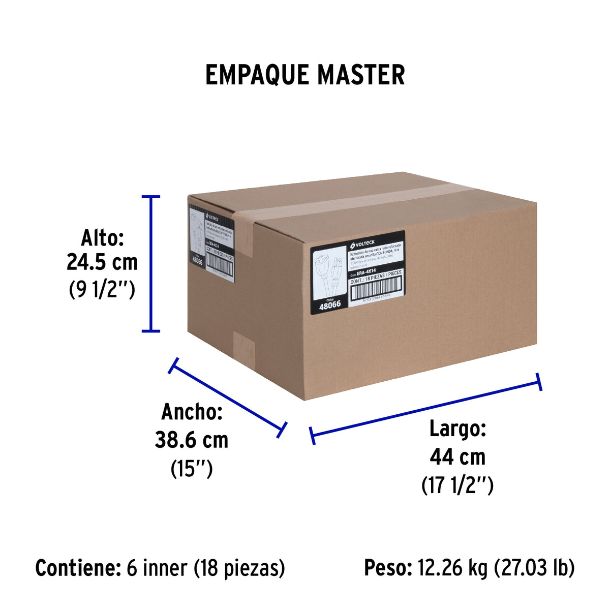 Extensión reforzada, aterrizada, 4 m, calibre 14, Volteck