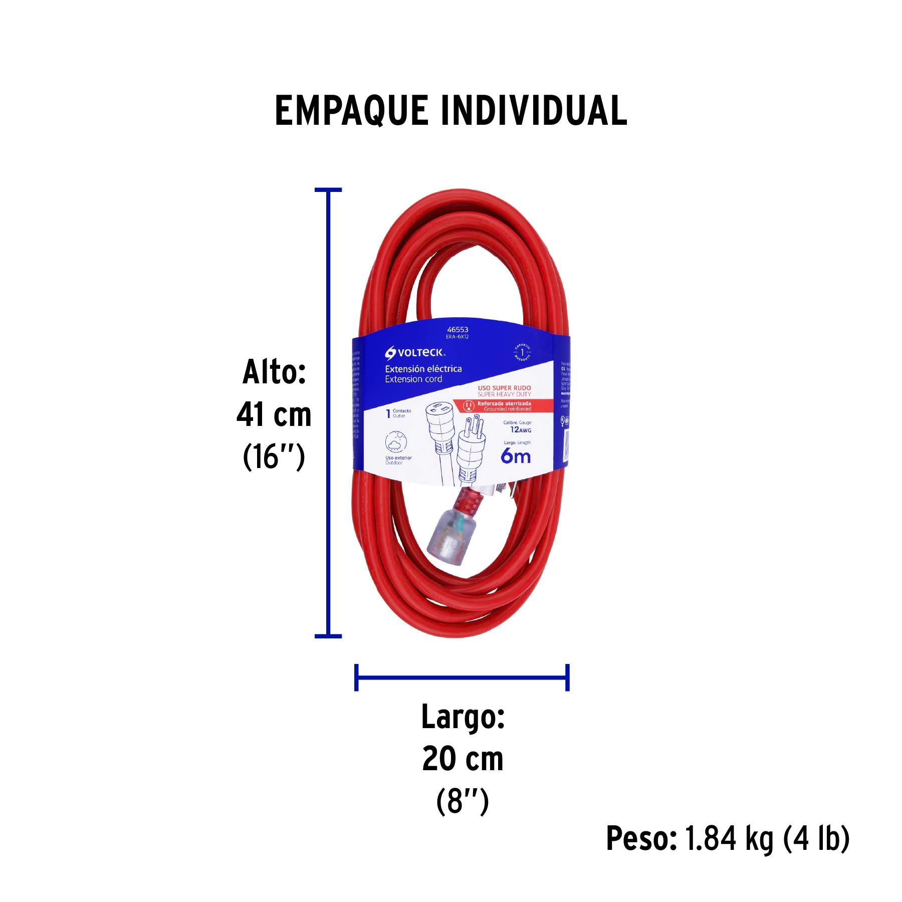 Extensión reforzada aterrizada 6 m 3x12 AWG, Volteck