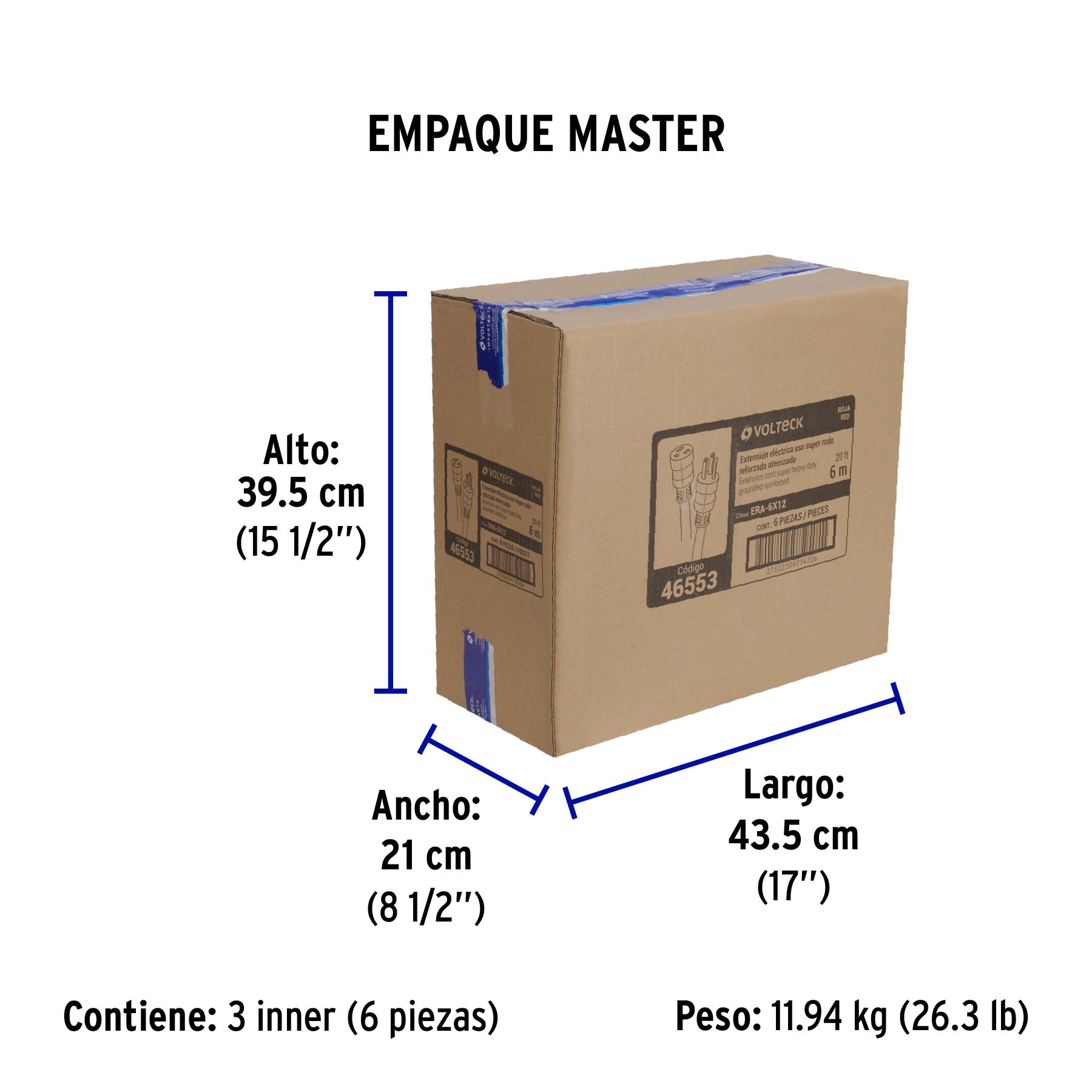 Extensión reforzada aterrizada 6 m 3x12 AWG, Volteck