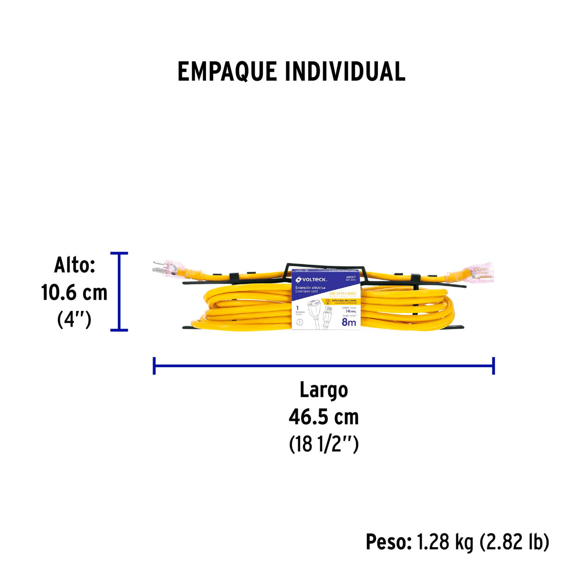 Extensión reforzada, aterrizada, 8 m, calibre 14, Volteck