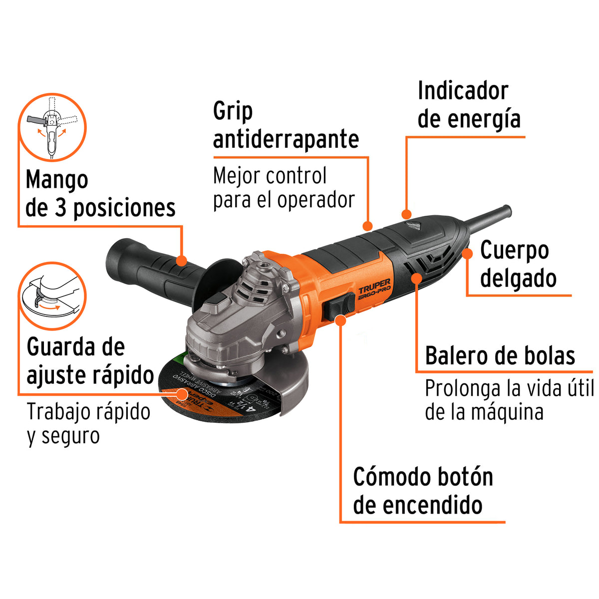 Esmeriladora angular 4-1/2", ERGO-PRO, 900 W
