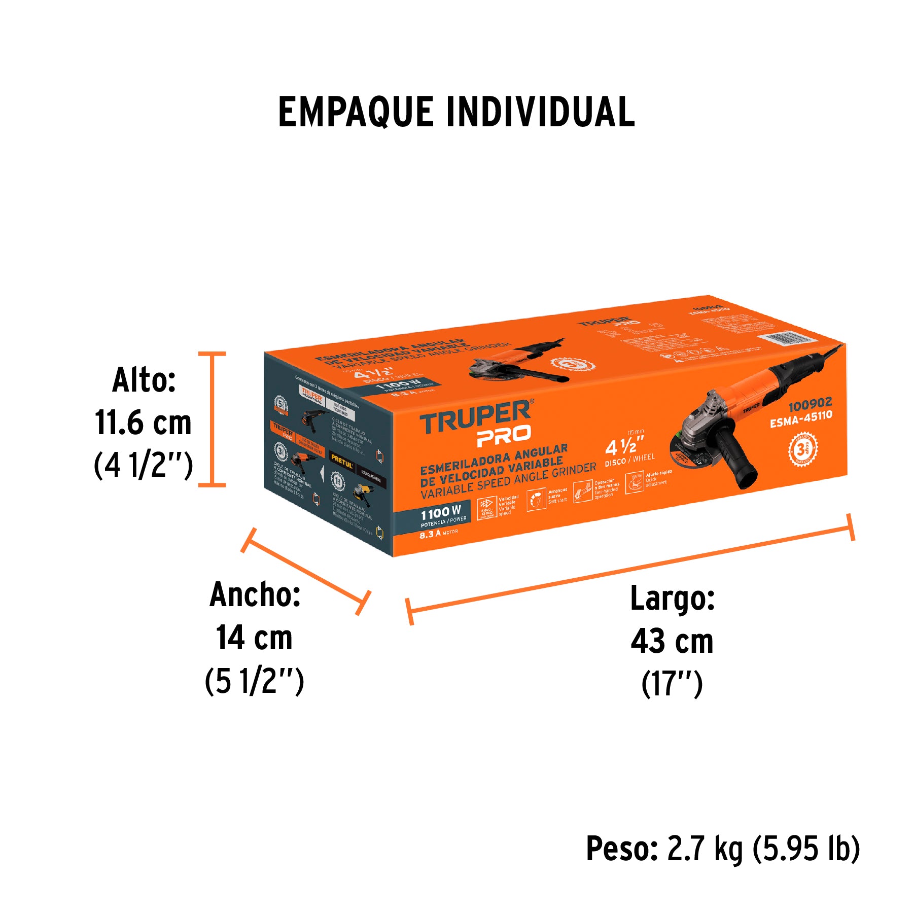 Esmeriladora angular 4-1/2', profesional, 1100 W