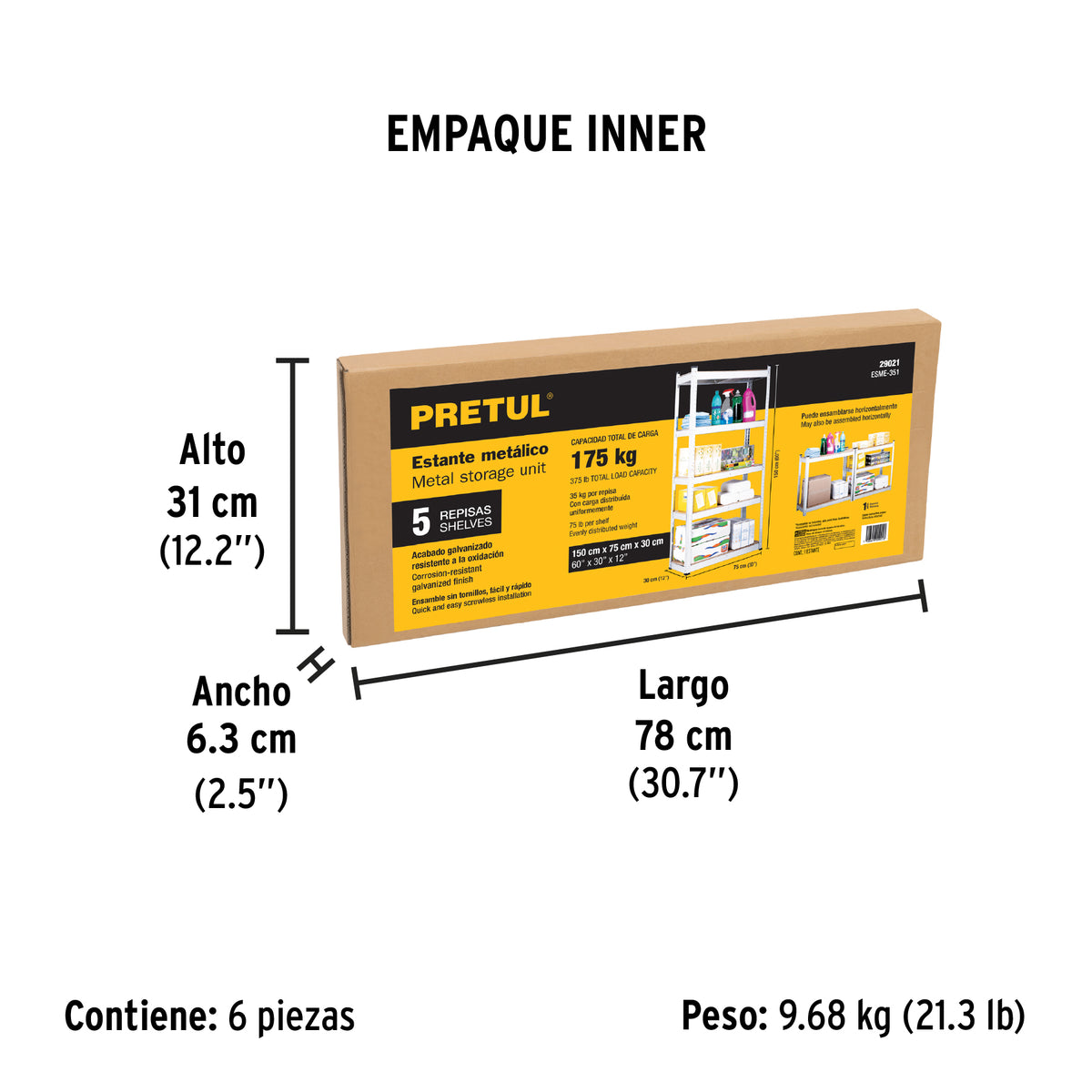 Estante metálico 5 repisas MDF cap. 35 kg, 150x30x75, Pretul
