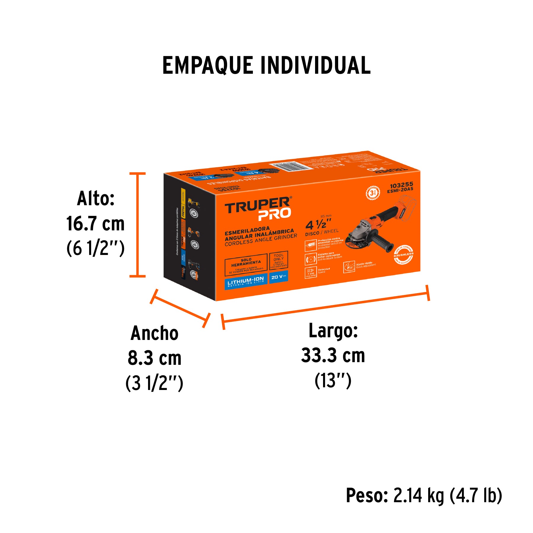 Esmeriladora angular inal. 4-1/2', 20V, s/accesorios, PRO