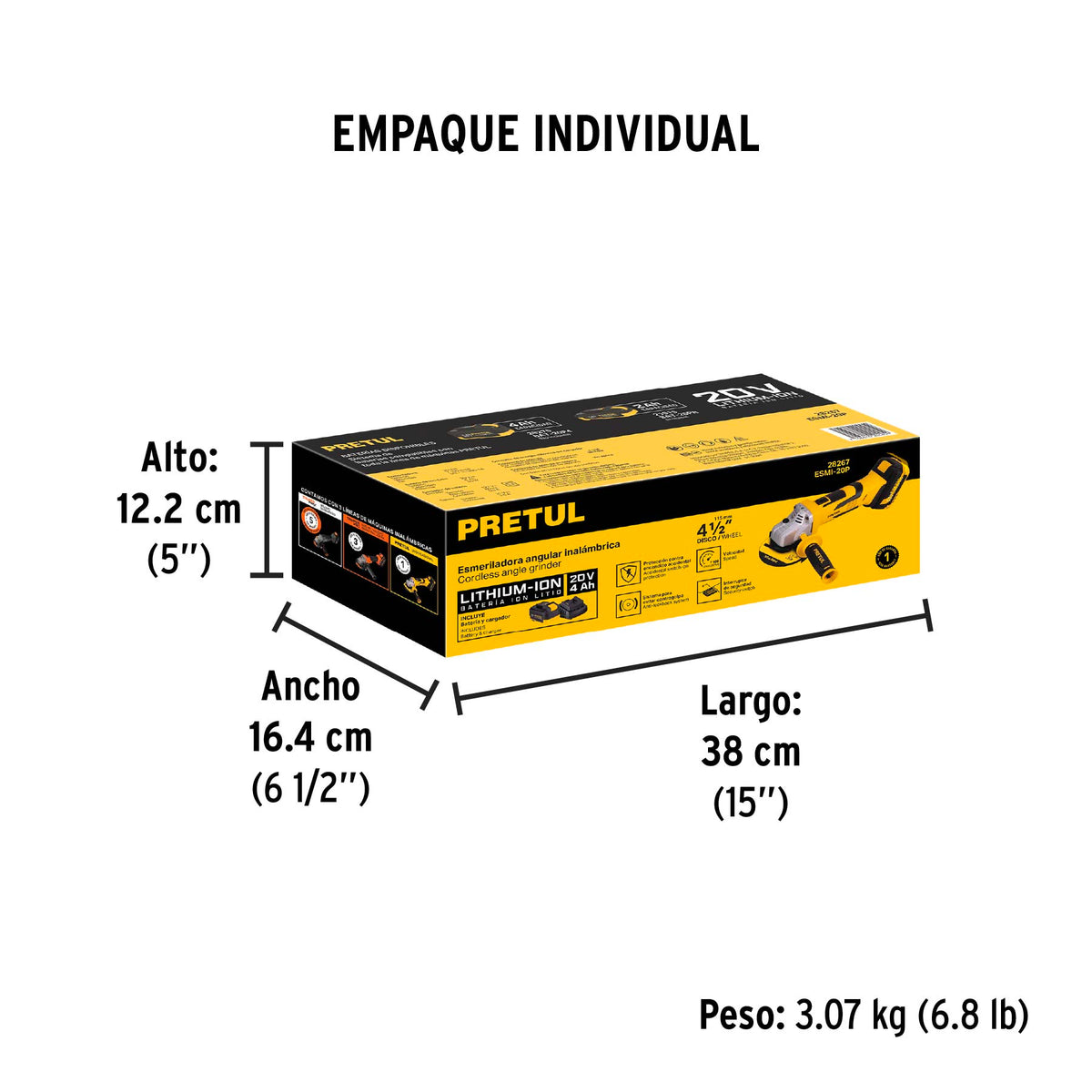 Esmeriladora angular inalámbrica 4-1/2', 20 V, Pretul