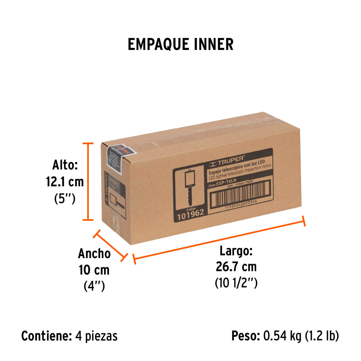 Espejo rectangular telescópico de inspección c/luz LED,5x9cm
