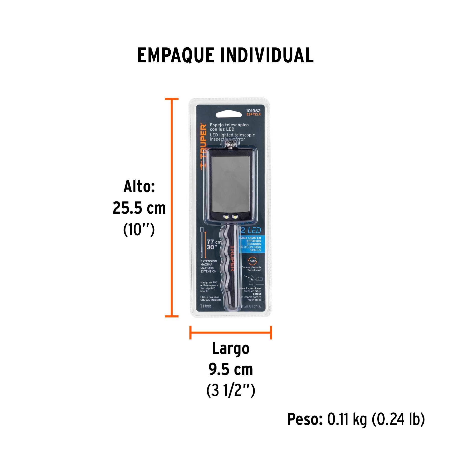 Espejo rectangular telescópico de inspección c/luz LED,5x9cm