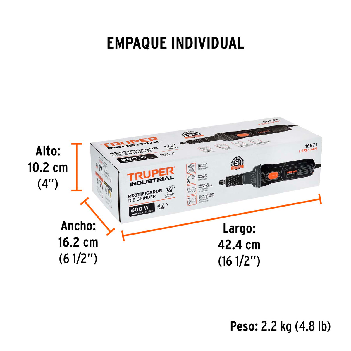 Esmeril recto (rectificador), 1/4", Industrial, 600 W