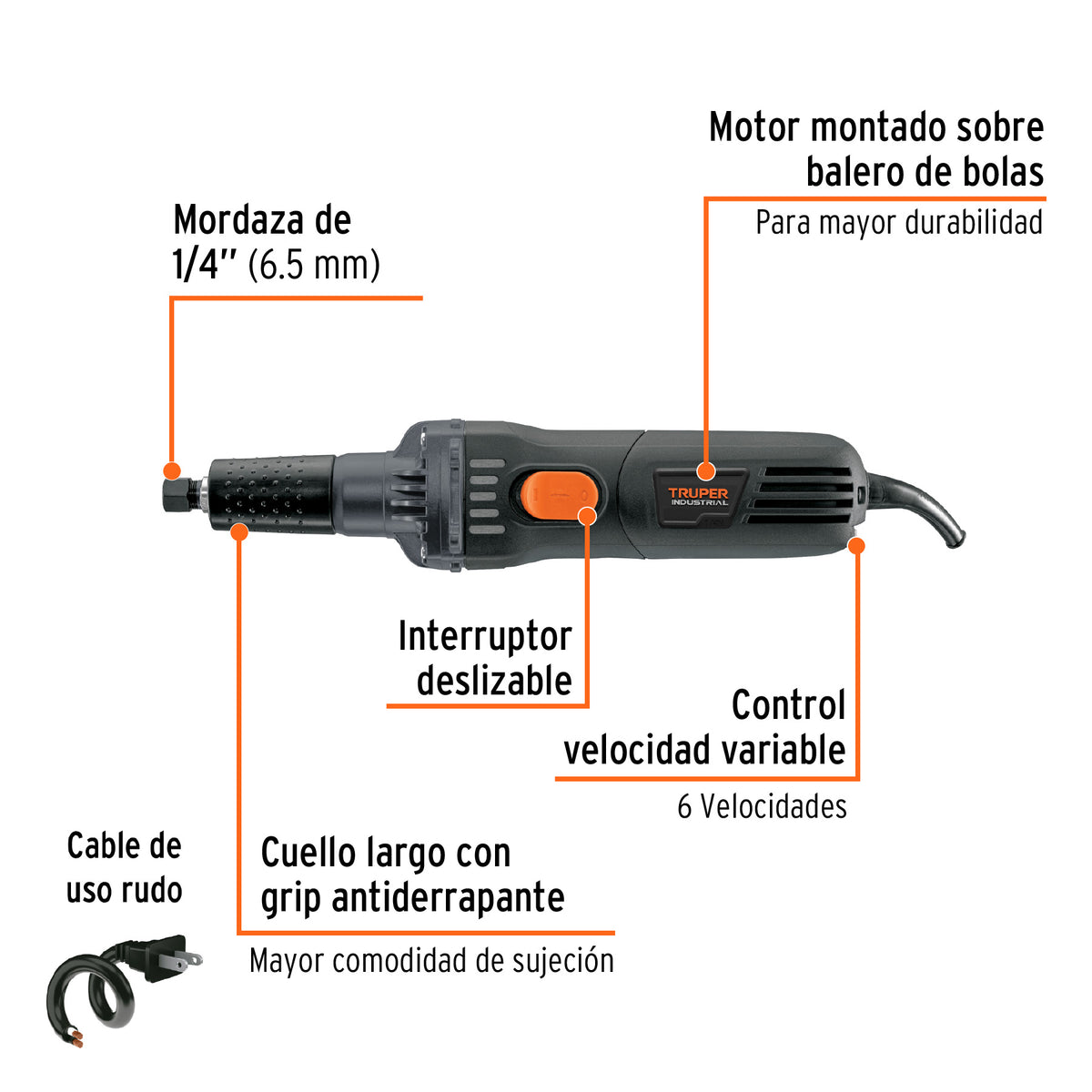 Esmeril recto (rectificador), 1/4", Industrial, 600 W