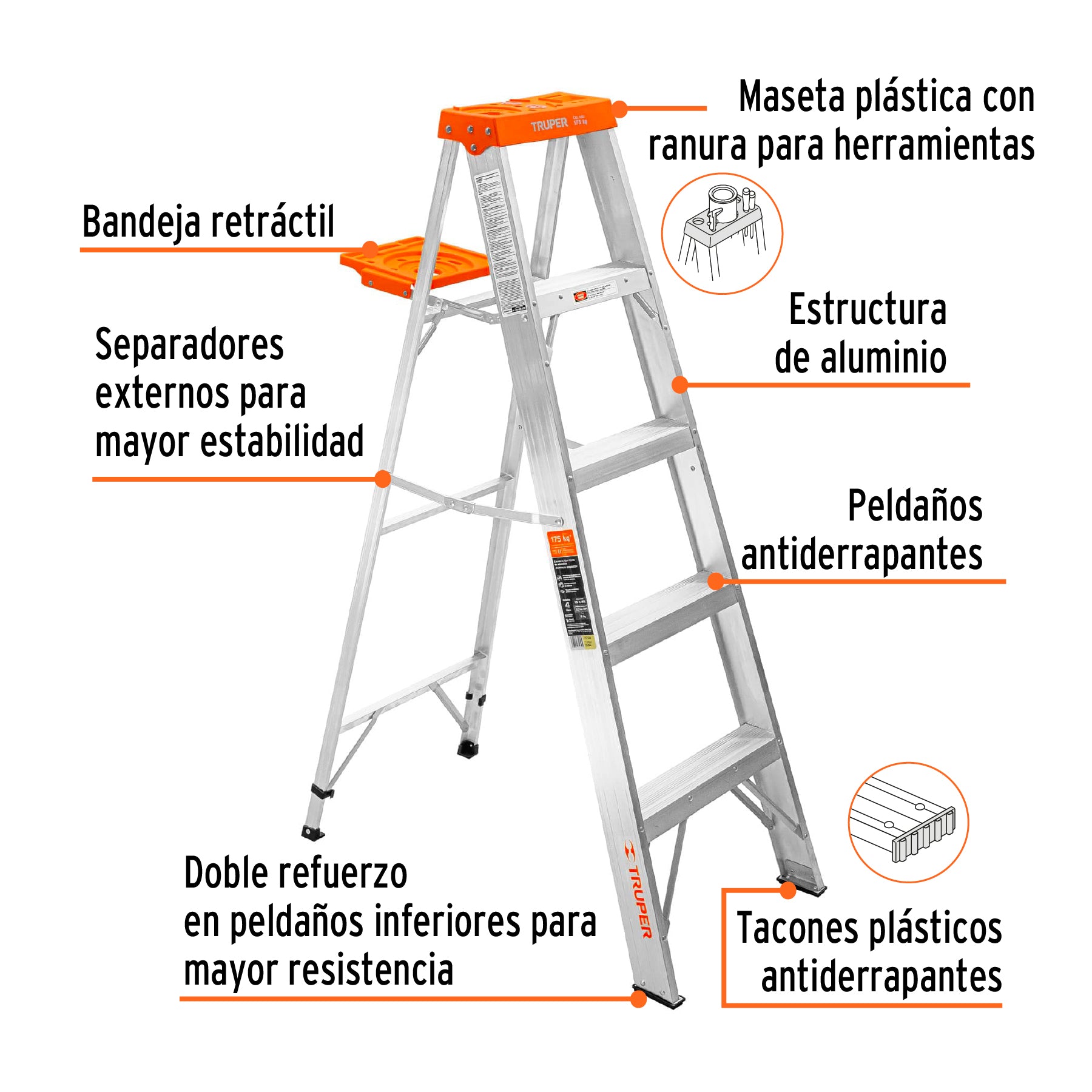 Escalera de tijera, tipo ll, 4 escalones y bandeja