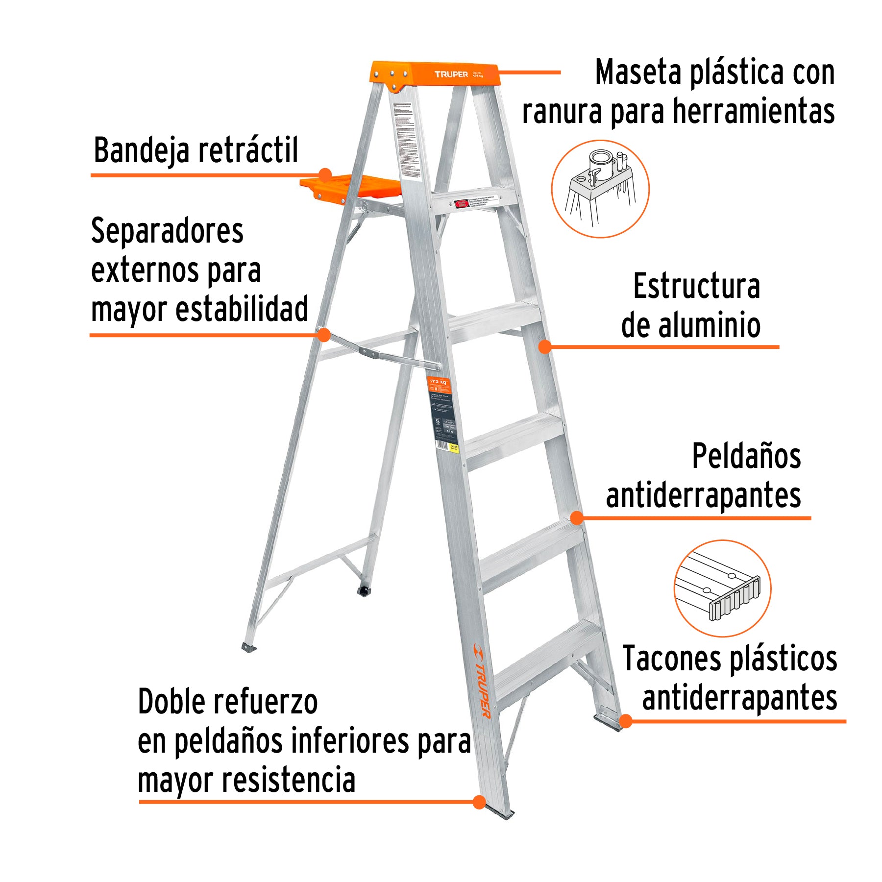 Escalera de tijera, tipo ll, 5 escalones y bandeja